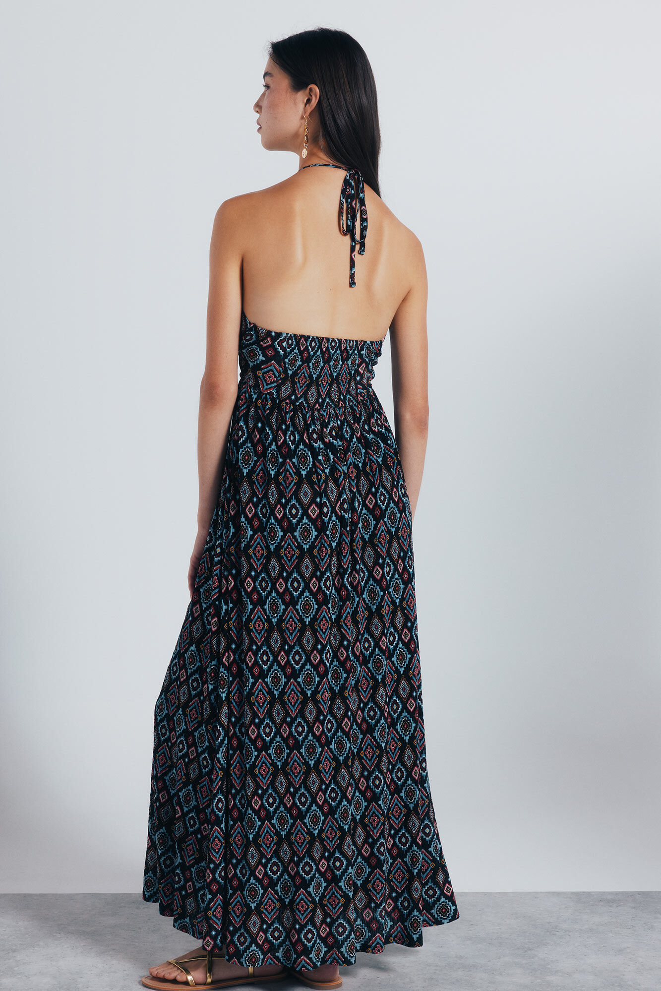 Springfield Vestido midi escote halter estampado geom&eacute;trico negro