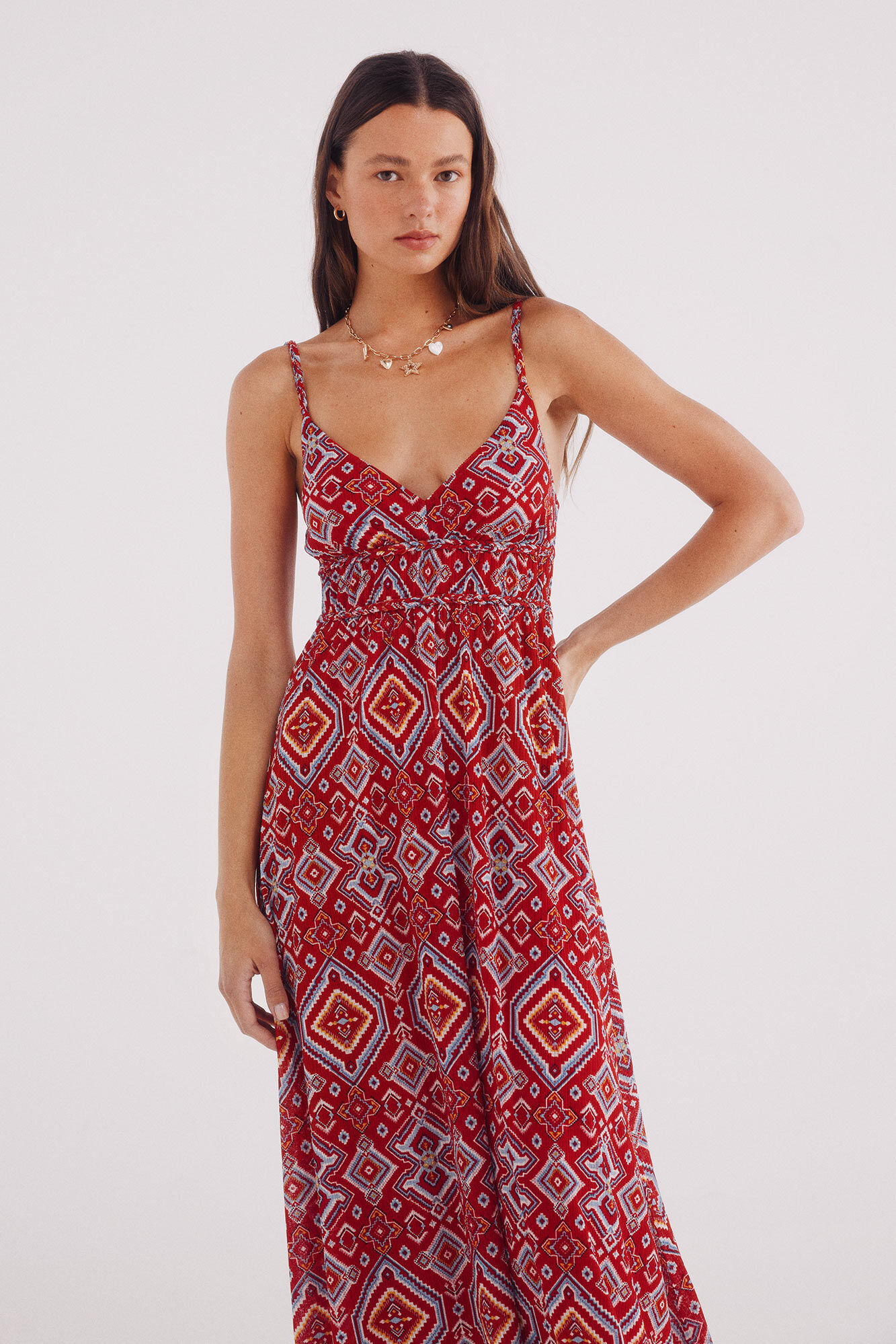 Springfield Vestido midi estampado detalles trenzados rojo