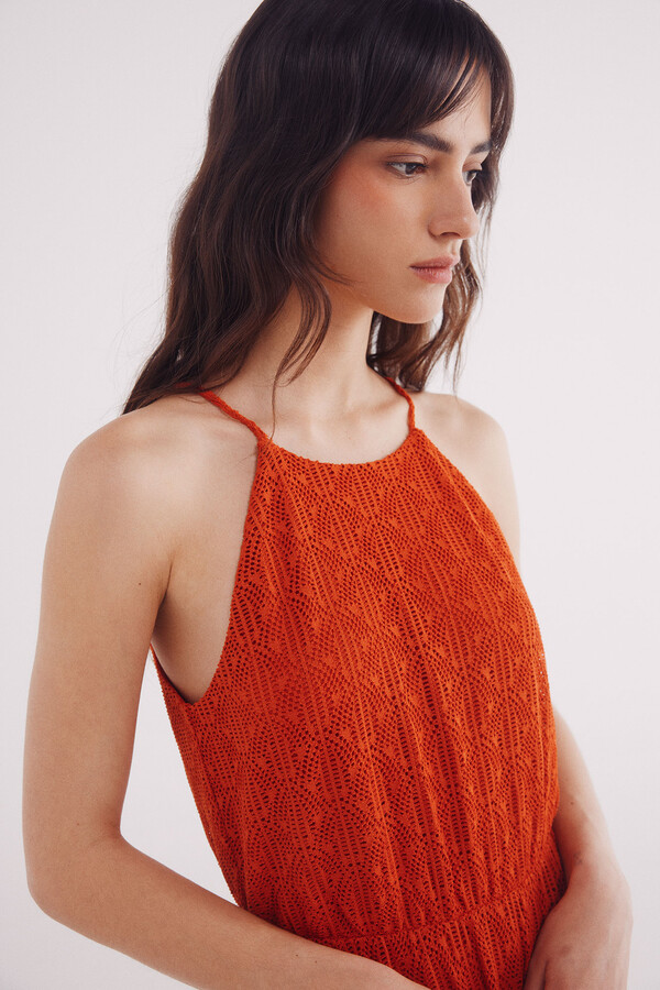 Springfield Vestido midi escote halter crochet naranja