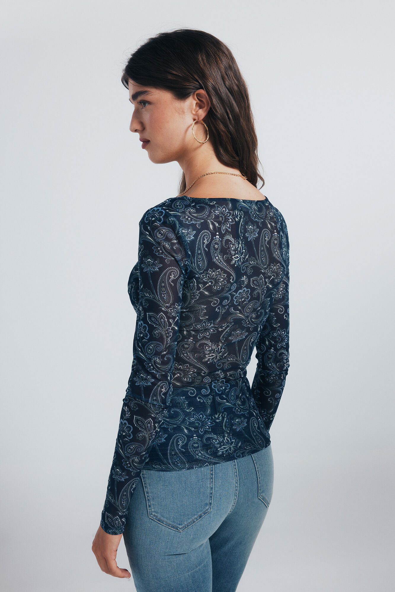 Springfield Playera gasa escote frunces estampada azulado