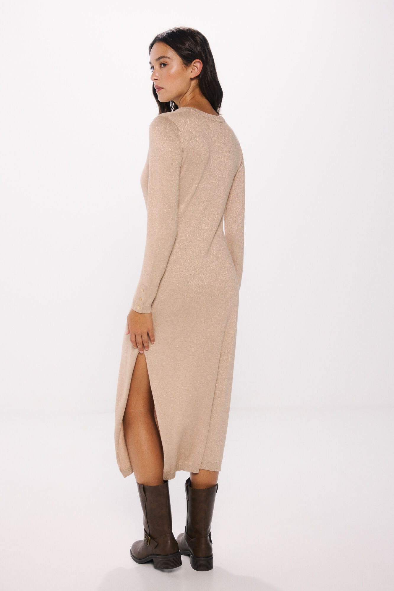 Springfield Vestido punto midi botones pu&ntilde;os caf&eacute;