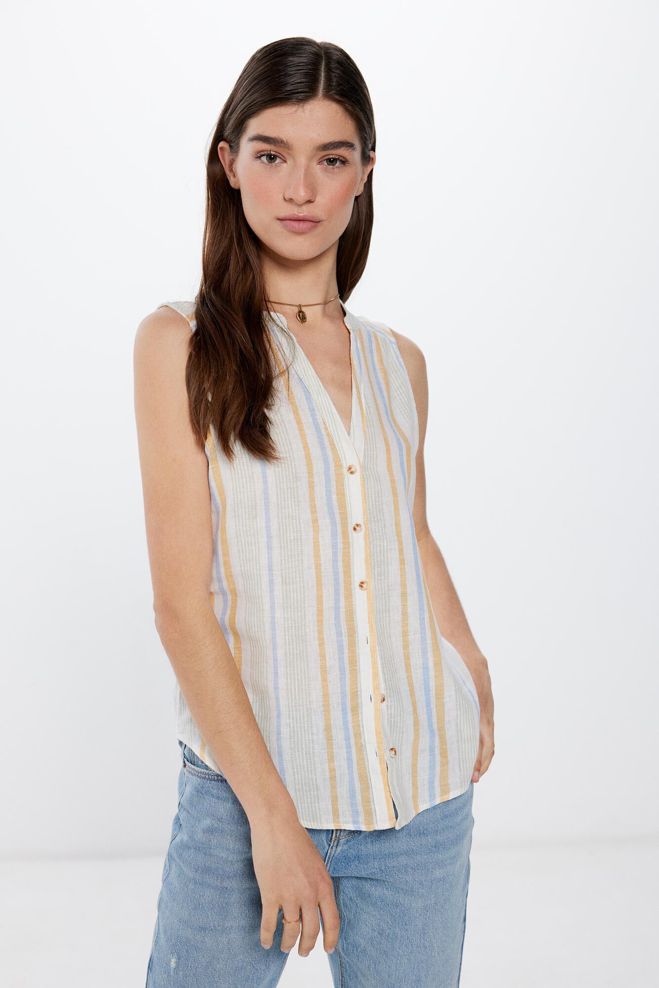 Springfield Blusa cuello mao sin mangas algod&oacute;n lino