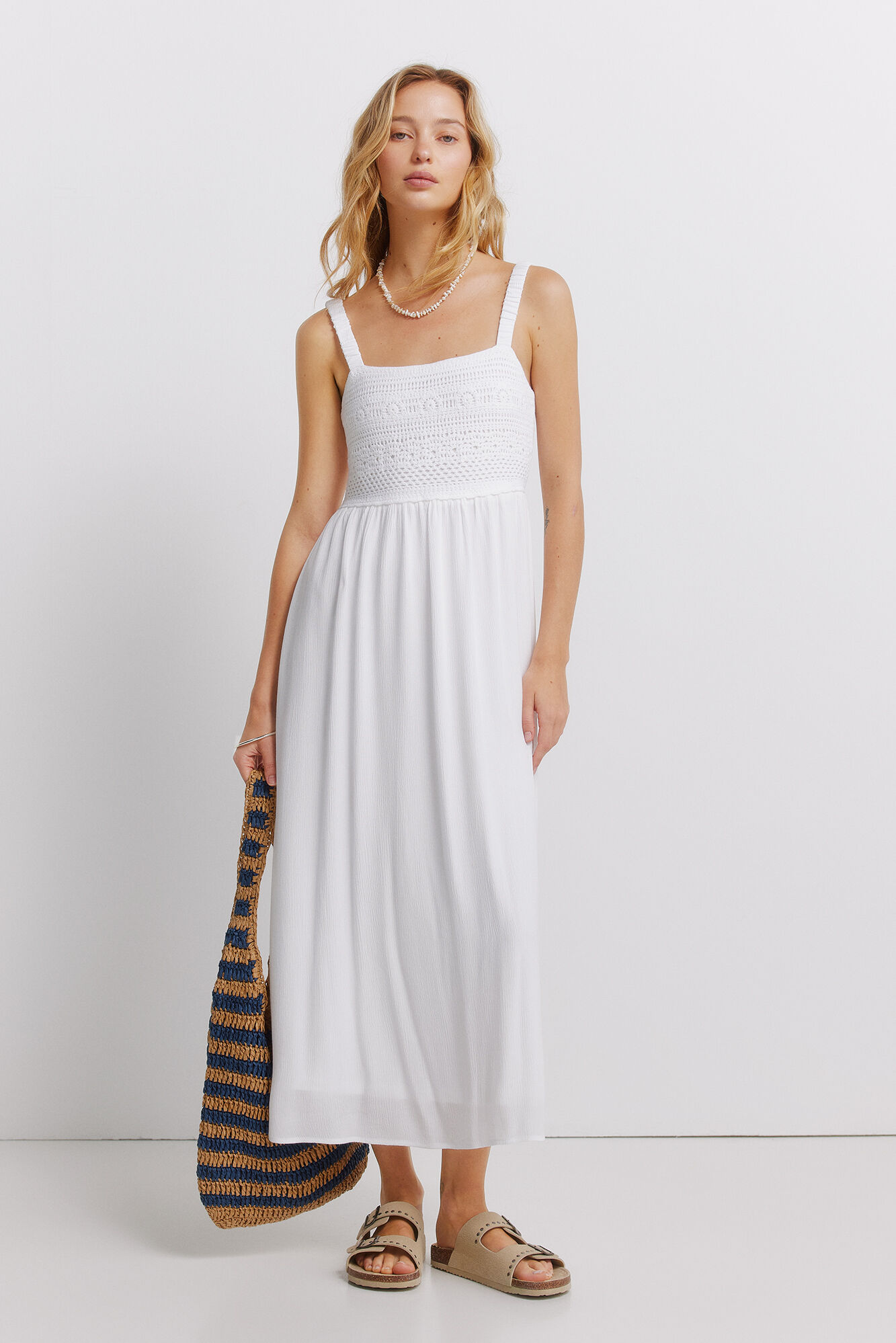 Springfield Vestido midi de tirantes de crochet natural