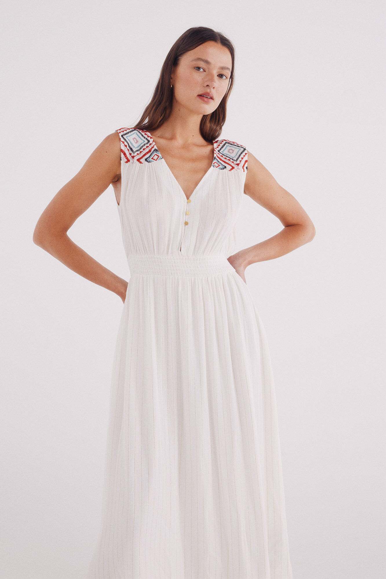 Springfield Vestido midi bordados &eacute;tnicos beige