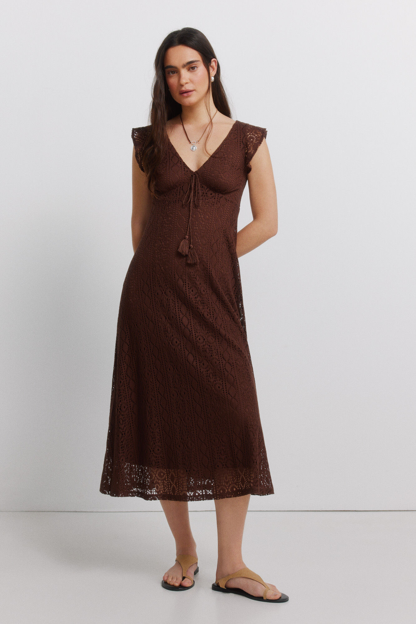 Springfield Vestido midi de manga corta con volantes