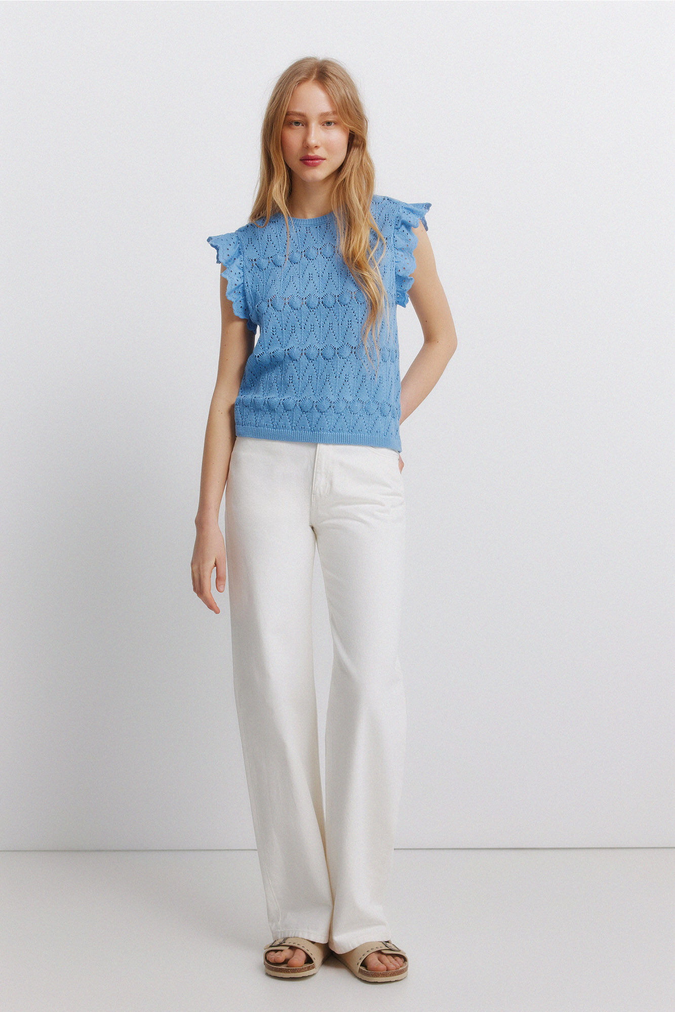 Springfield Top de punto calado con volantes azul