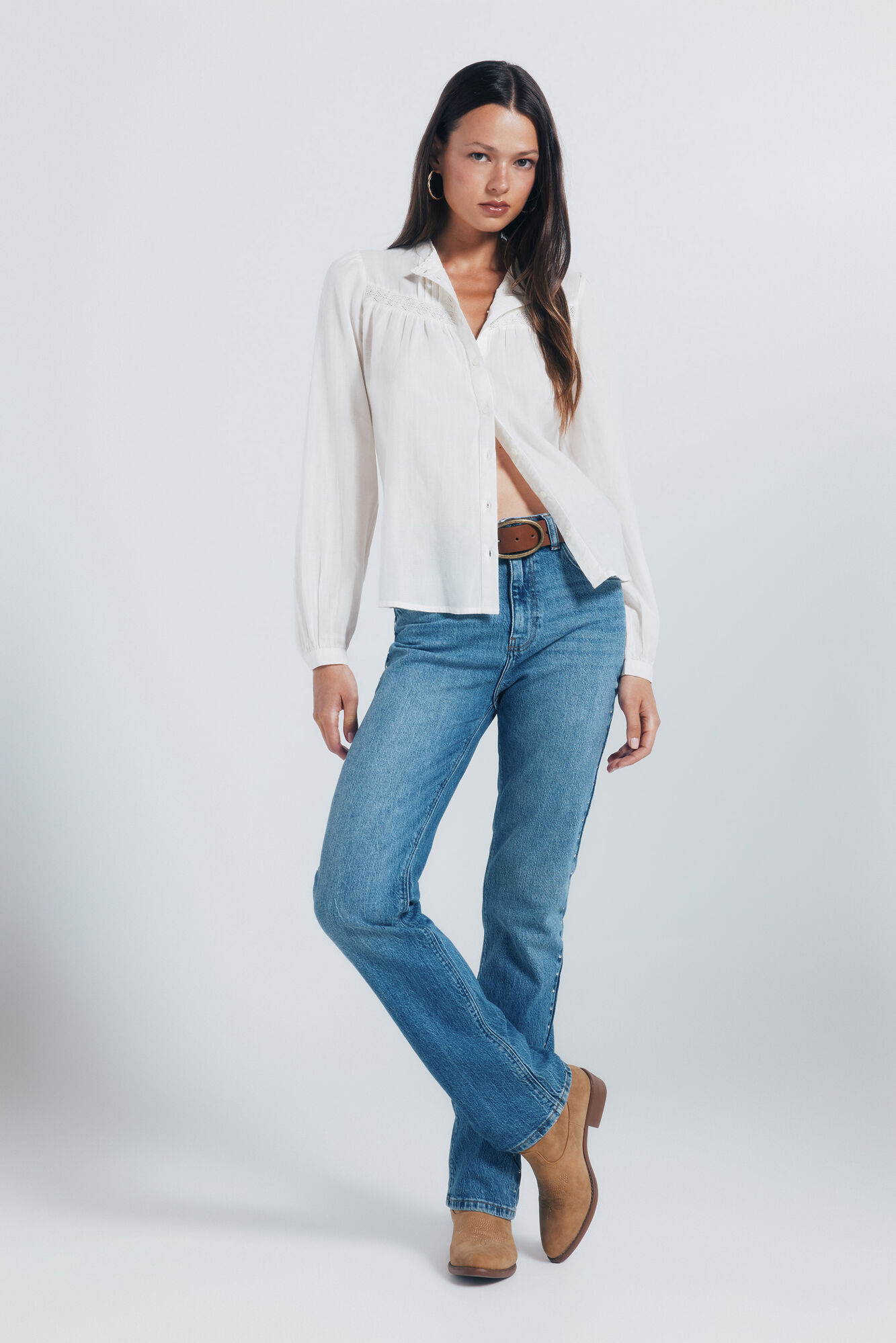 Springfield Blusa lace algod&oacute;n caf&eacute;