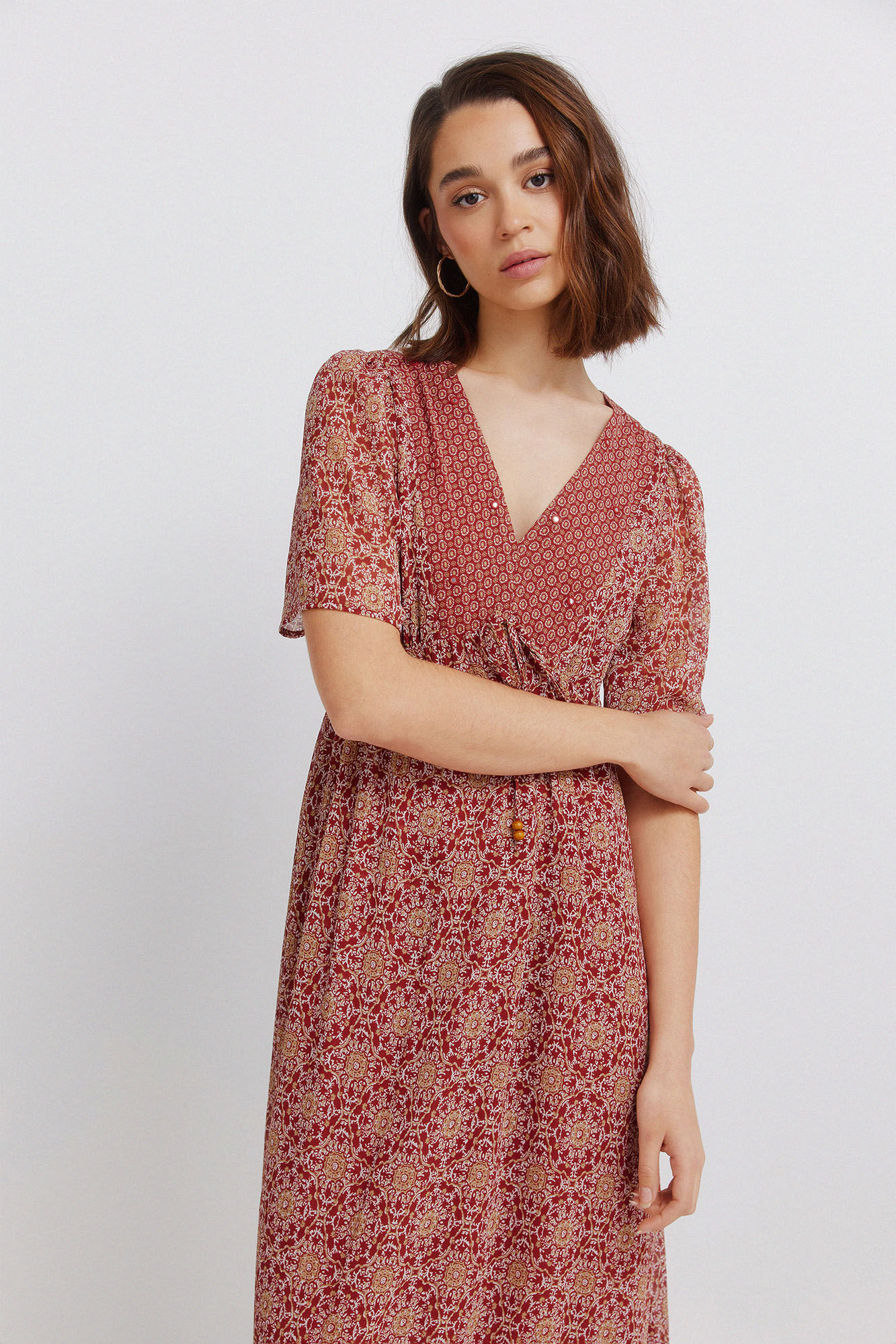 Springfield Vestido midi con estampado cenefa en el escote
