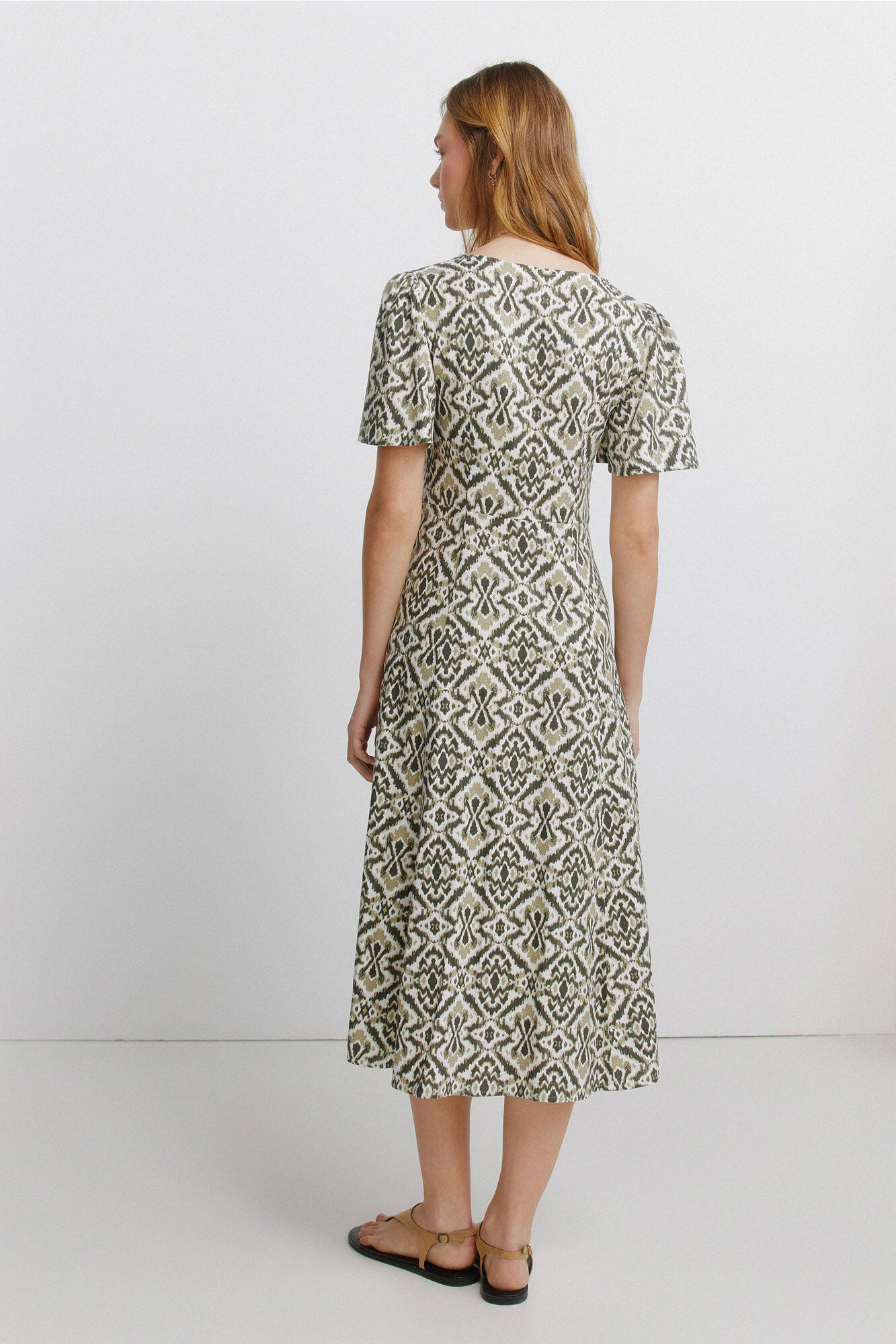Springfield Vestido camisero estampado de lino kaki