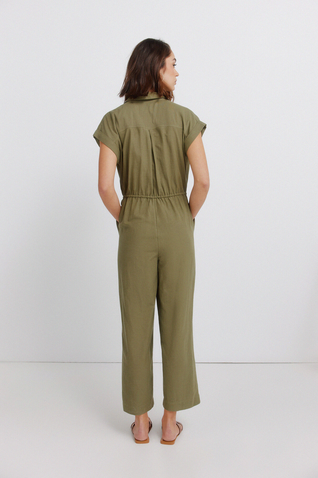 Springfield Jumpsuit de lino con bolsillos kaki