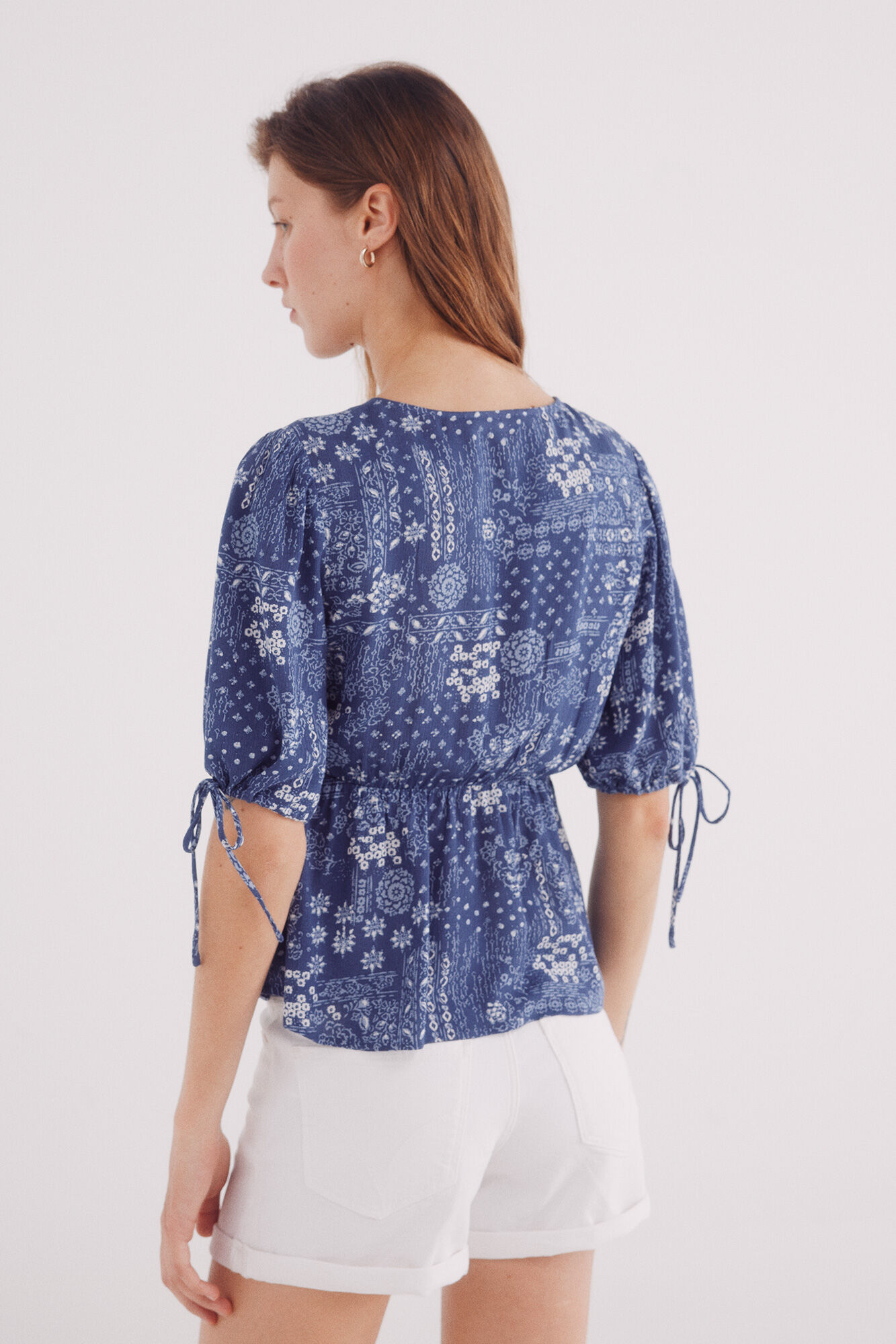 Springfield Blusa lazos mangas estampada turquesa