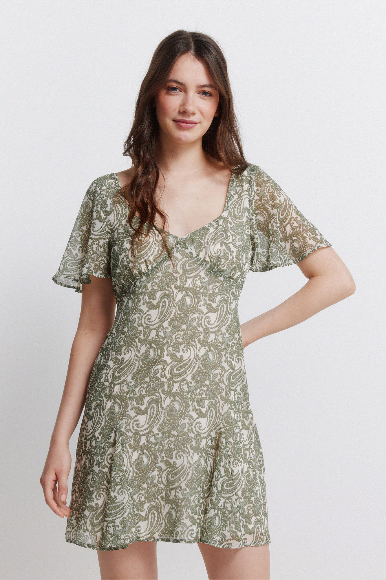 Springfield Vestido corto de volantes estampado paisley khaki