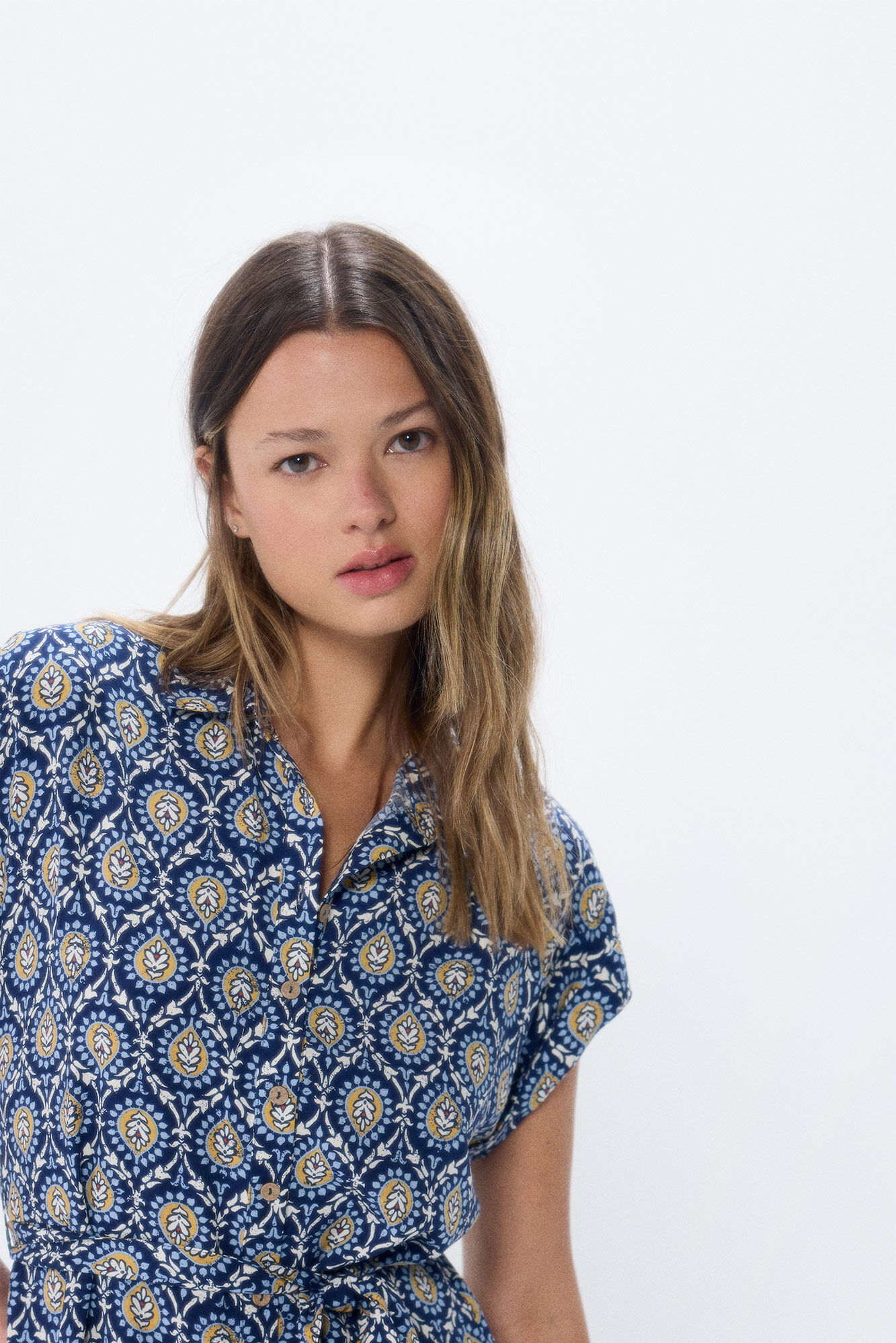 Springfield Vestido corto camisero estampado azul indigo