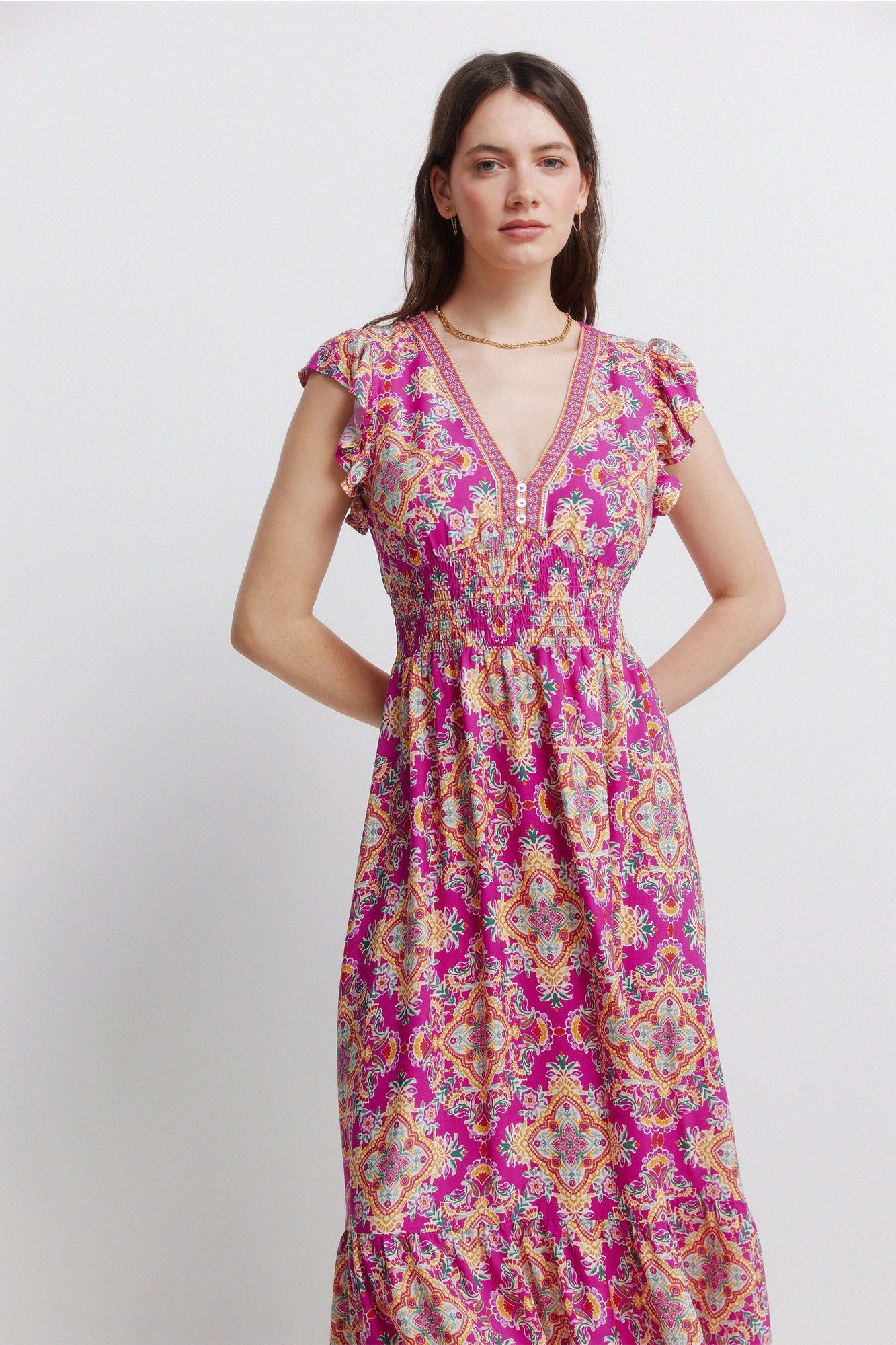 Springfield Vestido midi con volantes en el hombro fucsia