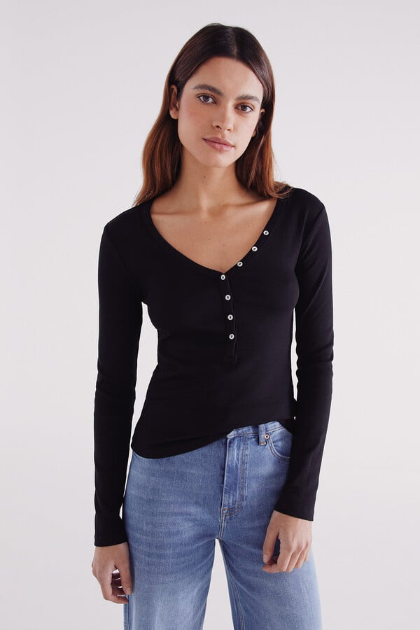 Springfield Playera panadera escote botones negro