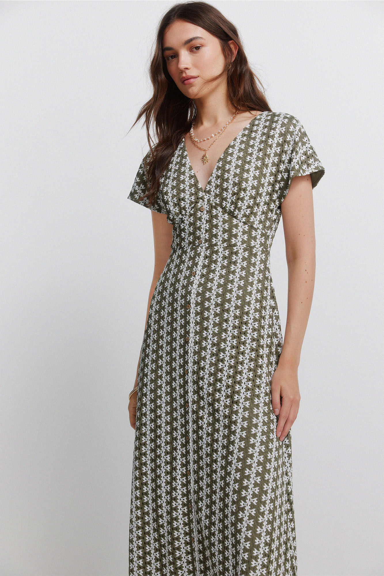 Springfield Vestido midi bordado kaki