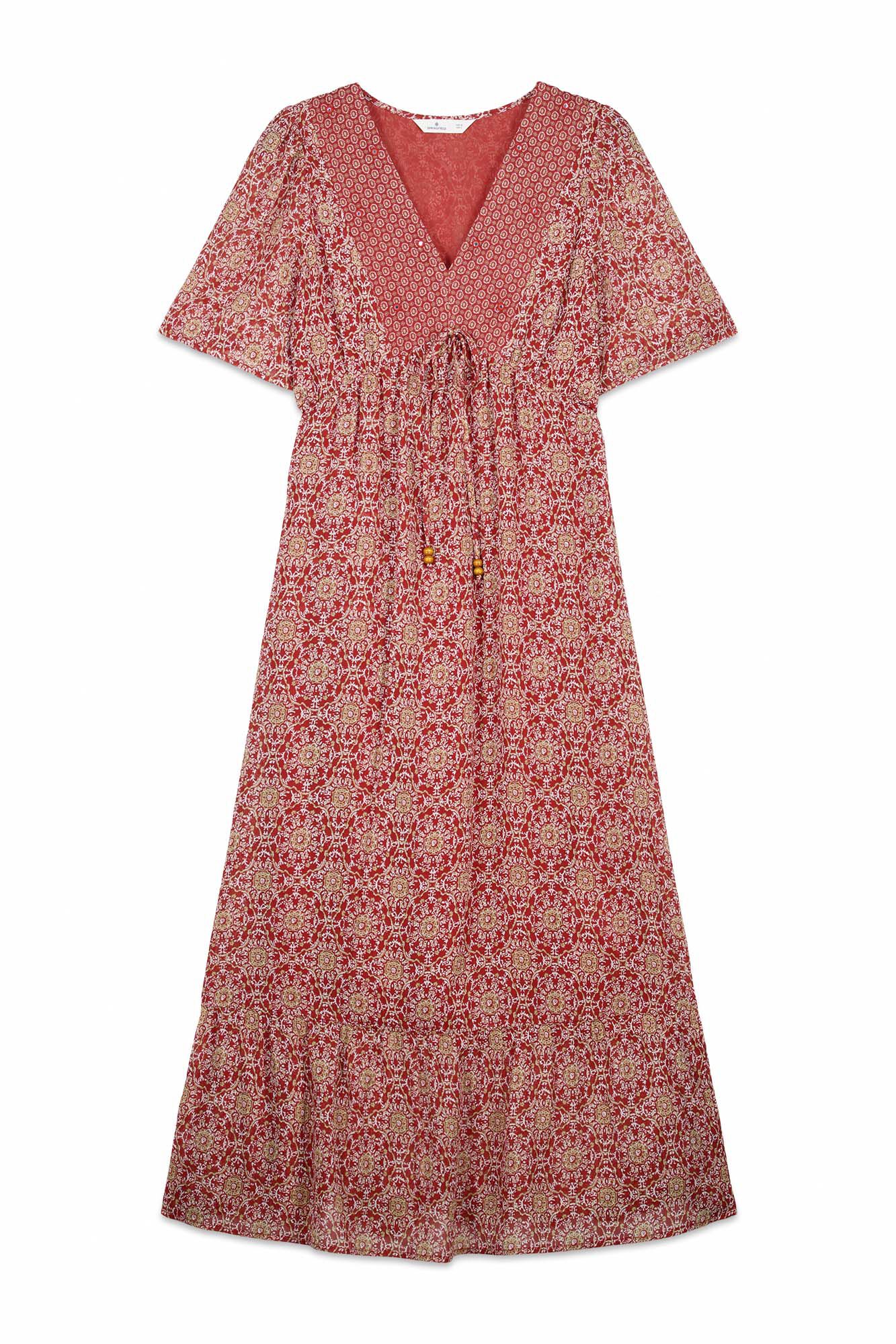 Springfield Vestido midi con estampado cenefa en el escote coral