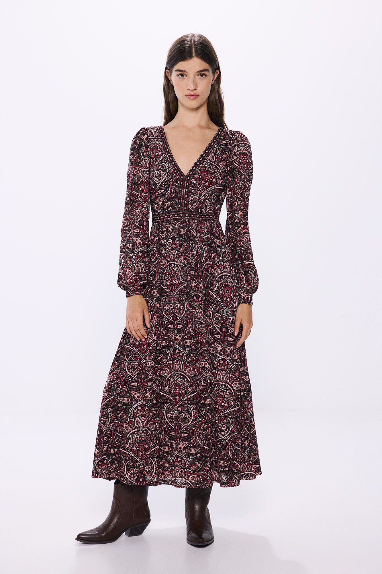 Springfield Vestido midi estampado combinado cenefas estampado