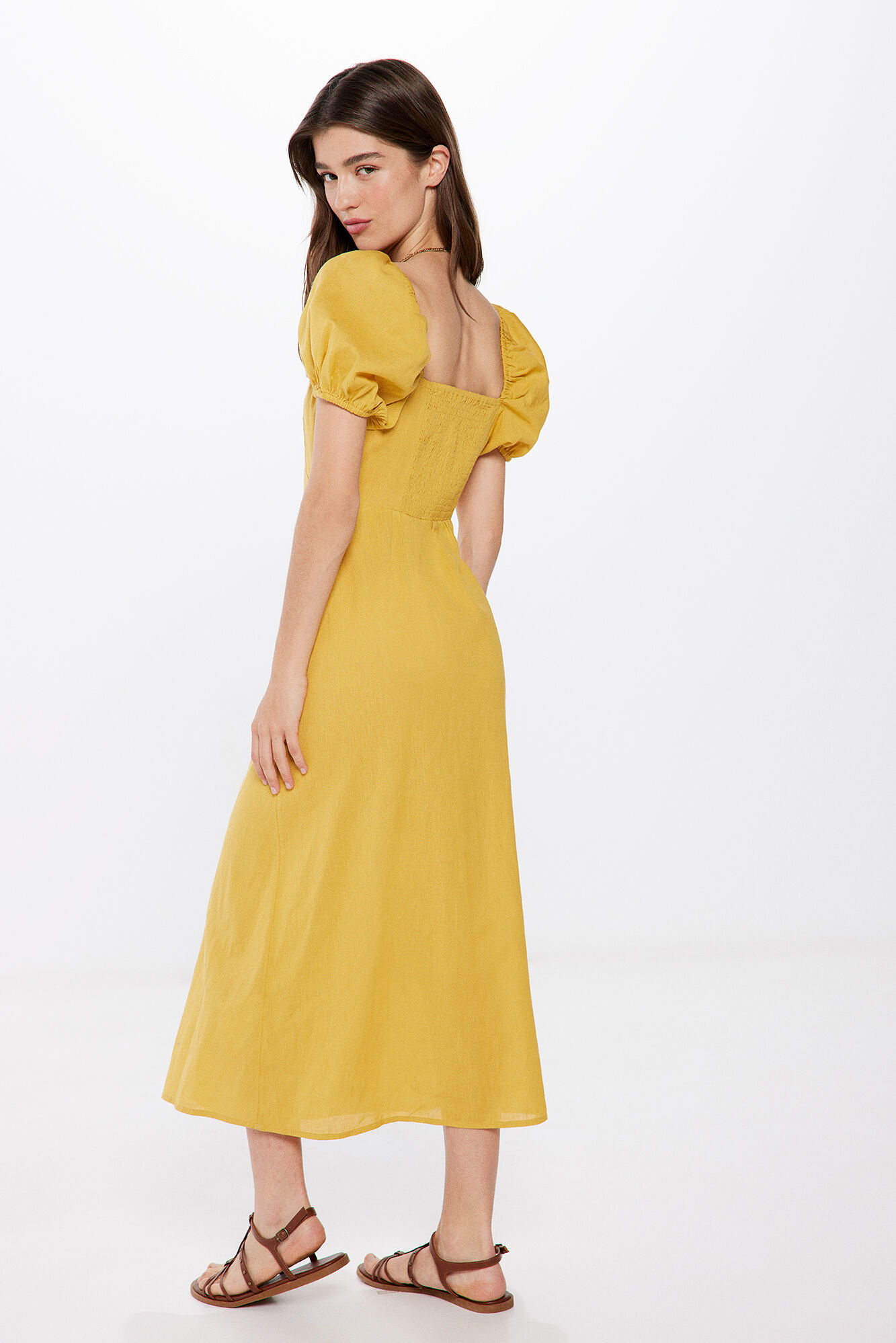 Springfield Vestido midi algod&oacute;n lino amarillo