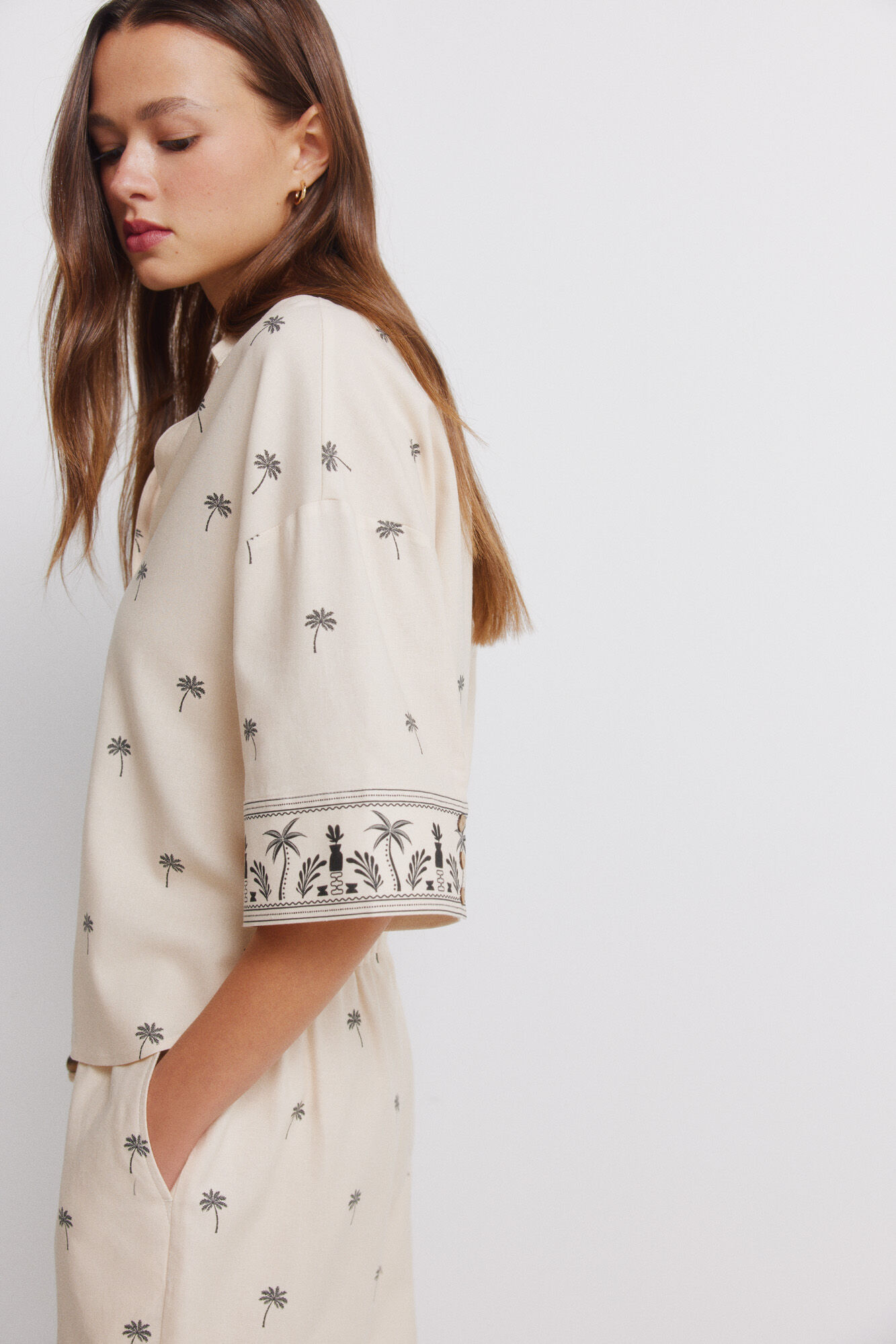 Springfield Camisa de manga corta oversize de lino caf&eacute;