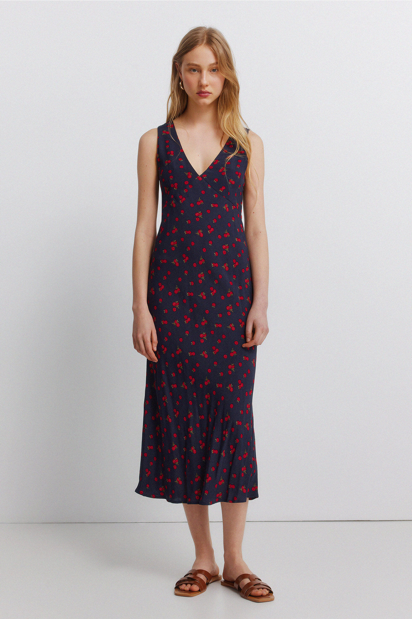 Springfield Vestido midi de tirantes con estampado de frutas