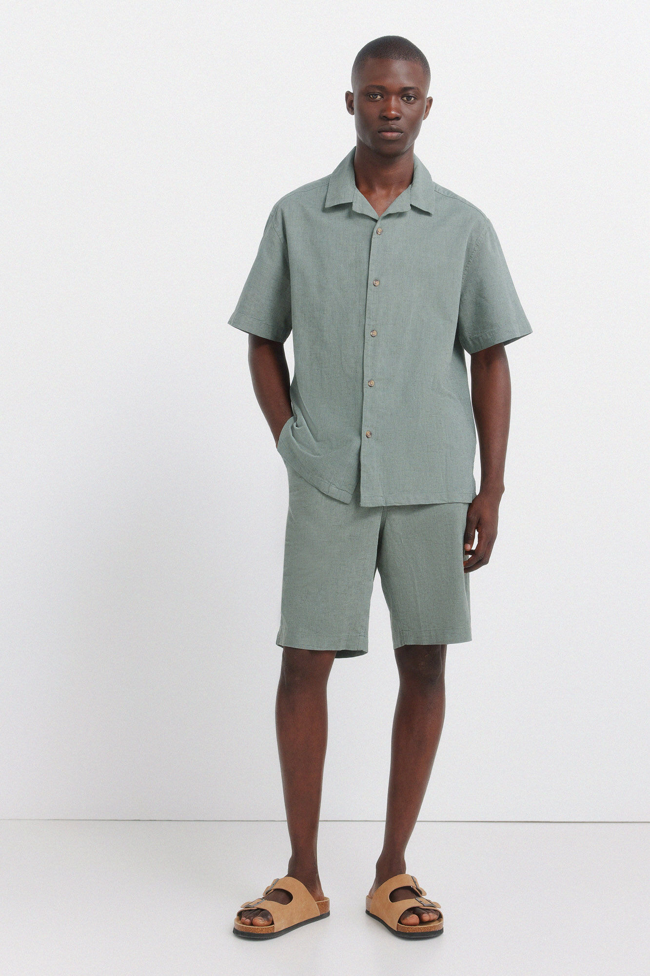Springfield Camisa de manga corta bowling de lino caza oscuro