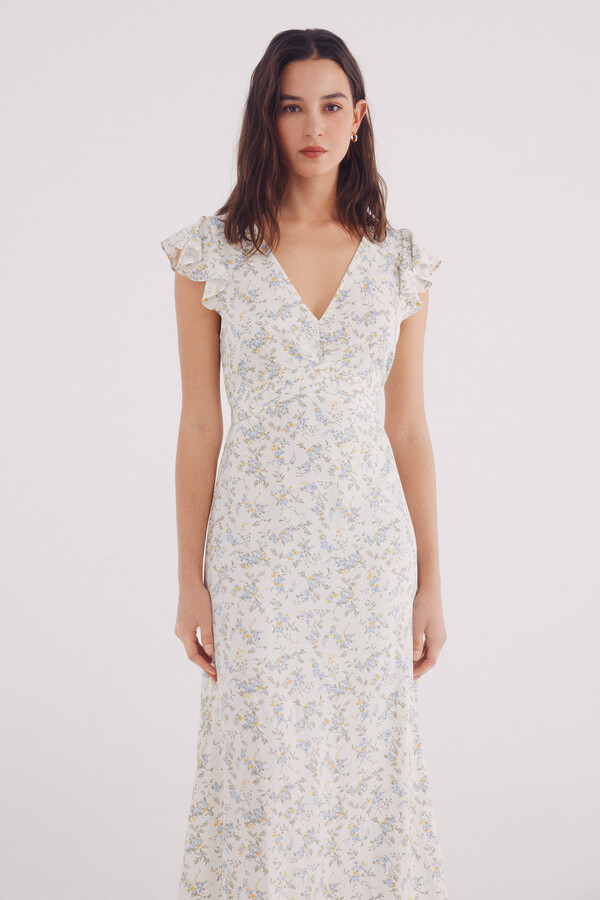 Springfield Vestido midi escote frunces estampado  café