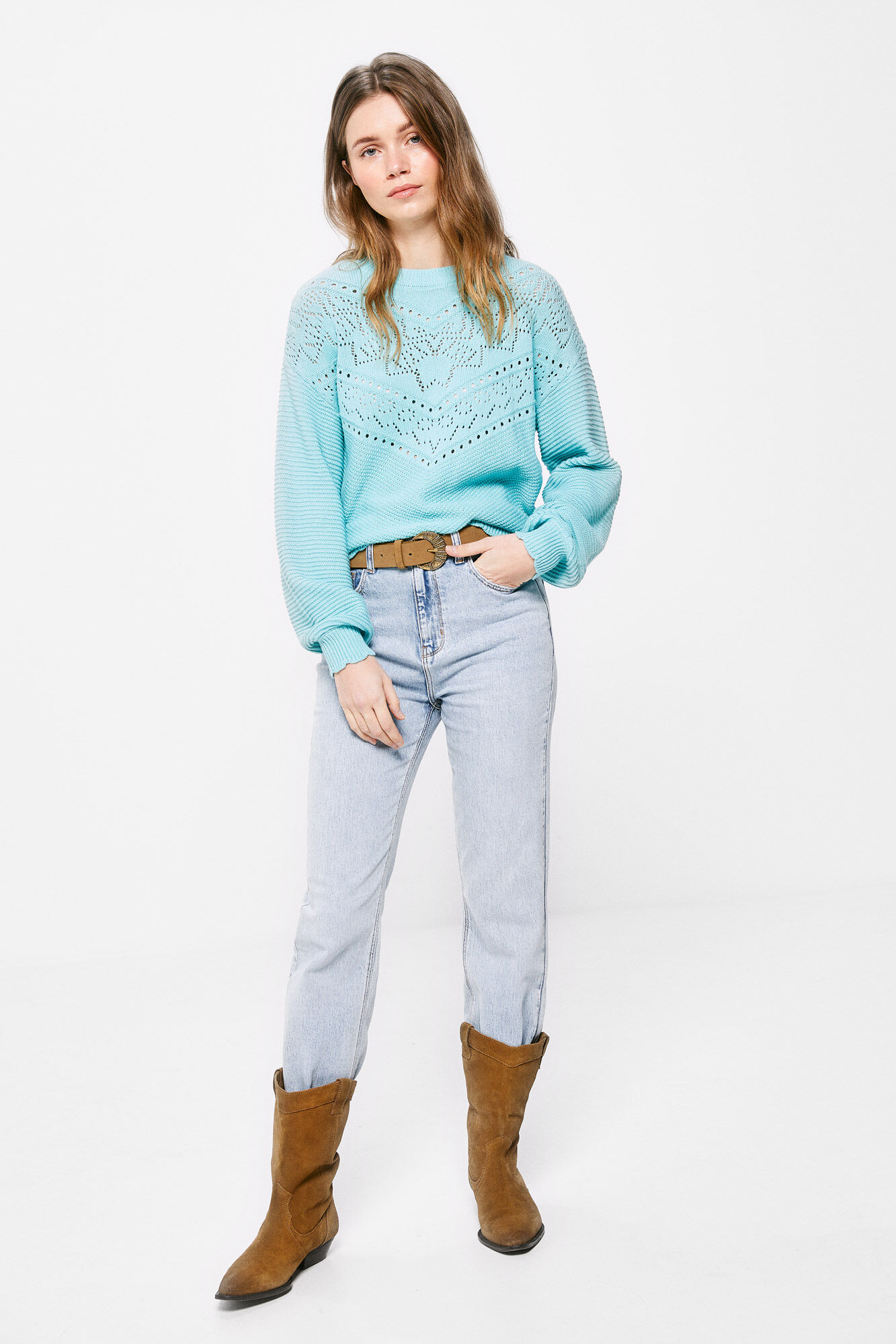 Springfield Su&eacute;ter Estructura Calados Algod&oacute;n turquesa