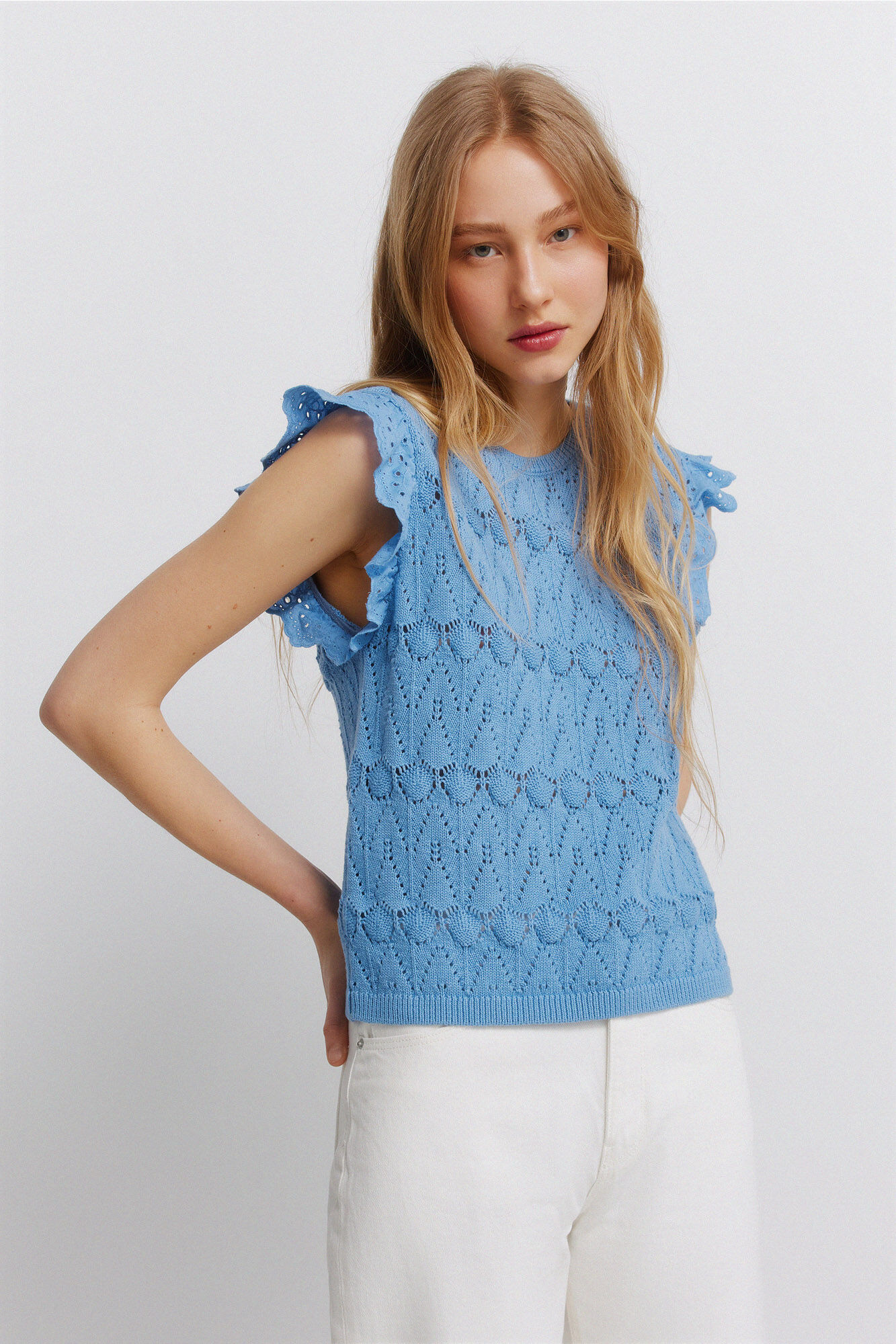 Springfield Top de punto calado con volantes azul