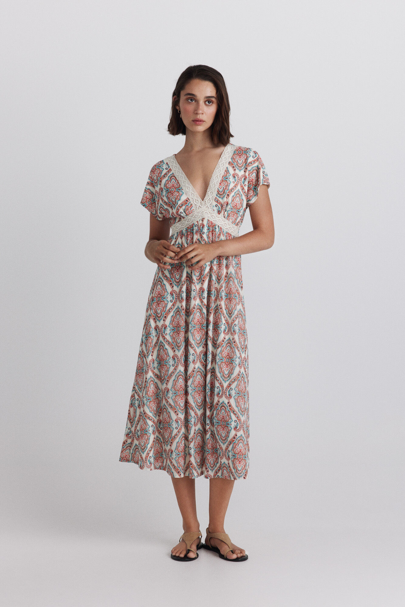 Springfield Vestido midi de manga corta con estampado cenefa