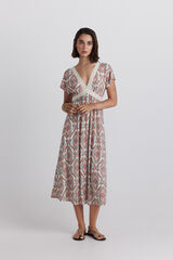 Springfield Vestido midi cuello pico estampado cenefa marfil