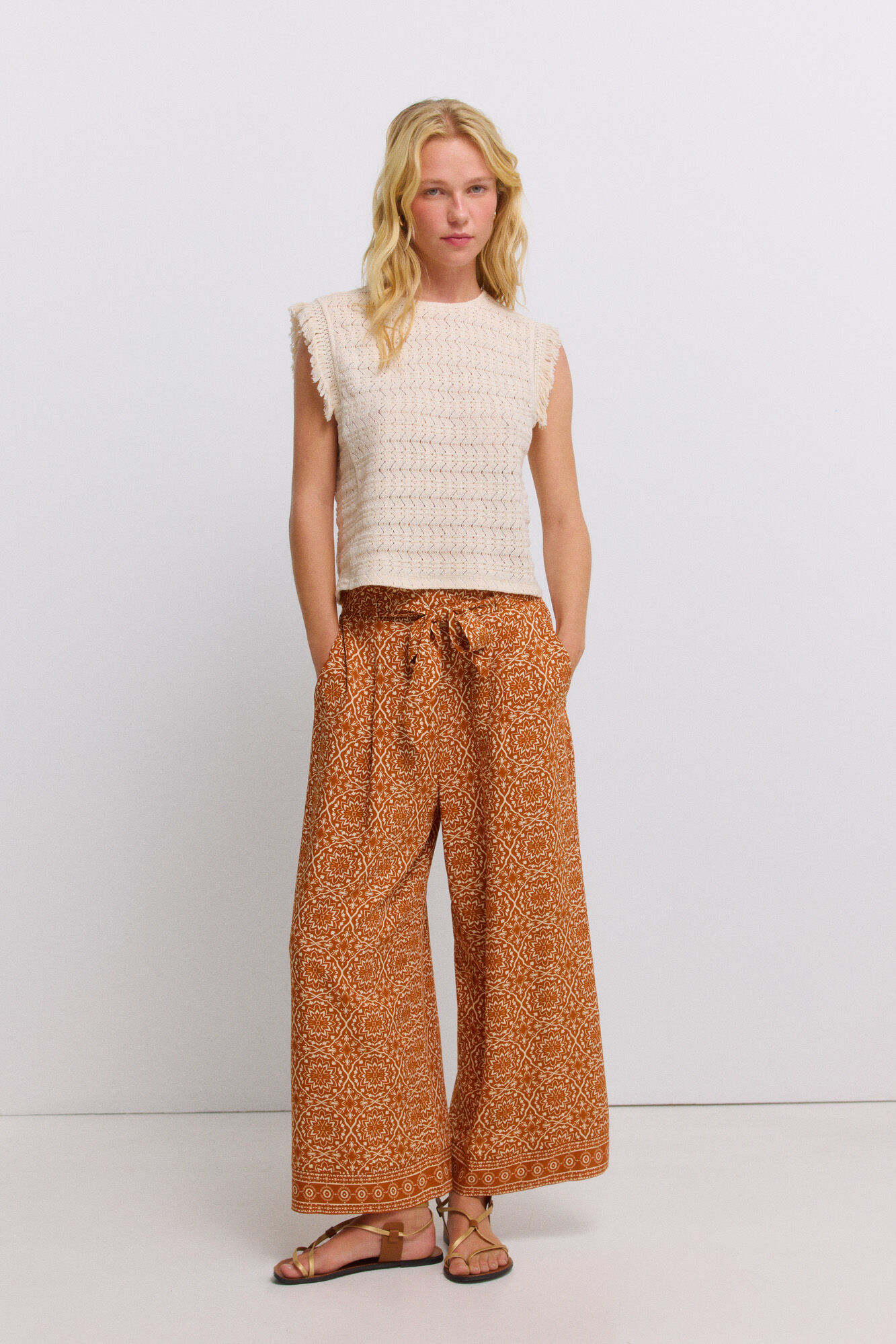 Springfield Pantal&oacute;n fluido estampado con cintur&oacute;n naranja