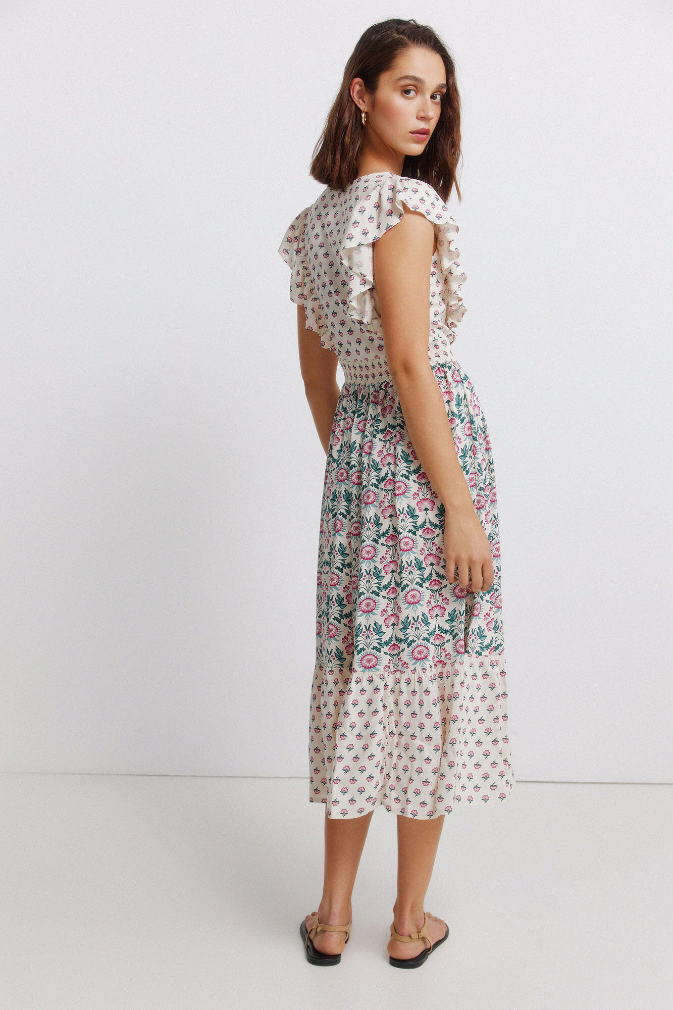 Springfield Vestido midi estampado con volantes blanco