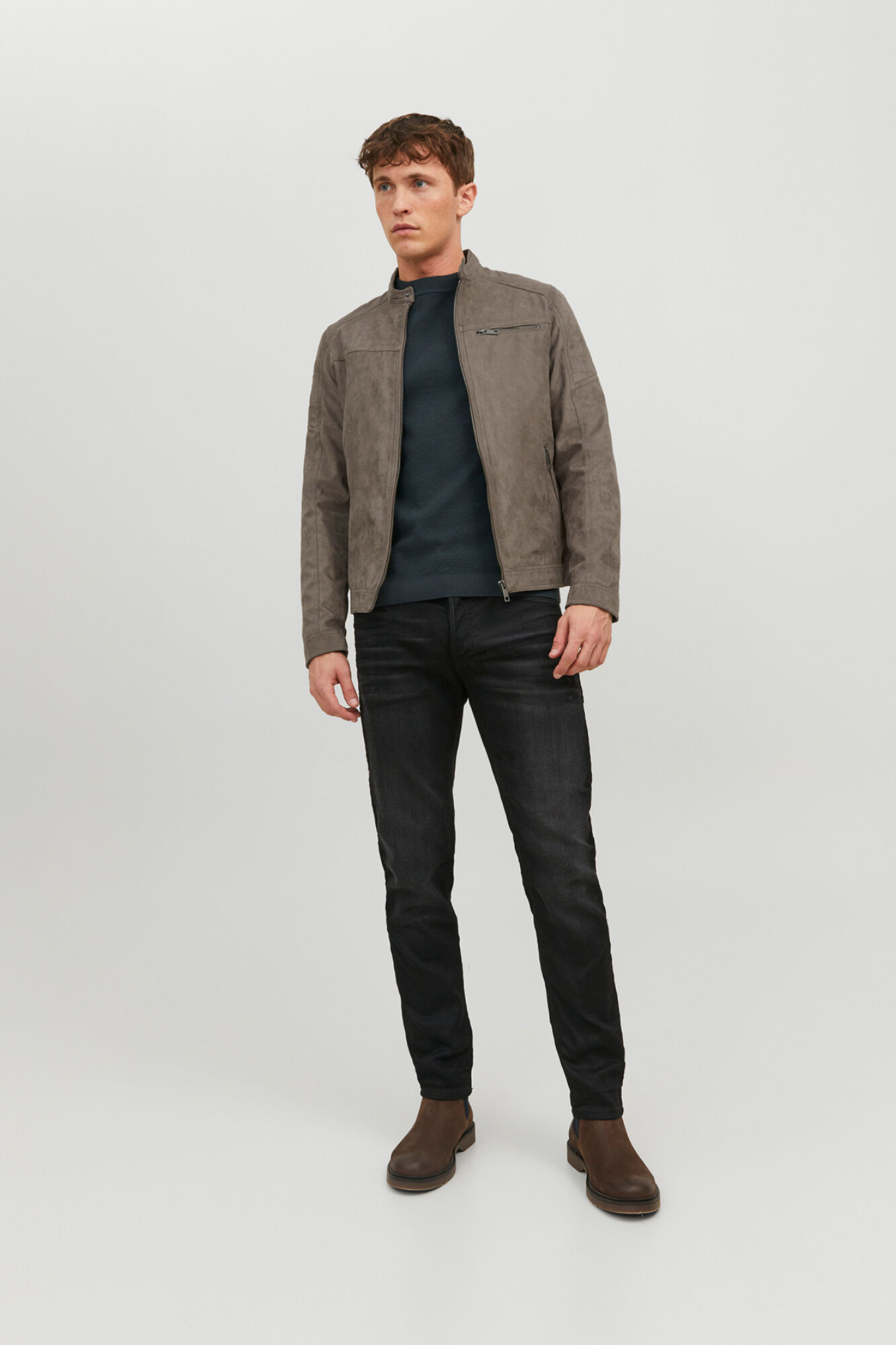 Jack & Jones Chamarra biker efecto ante gris