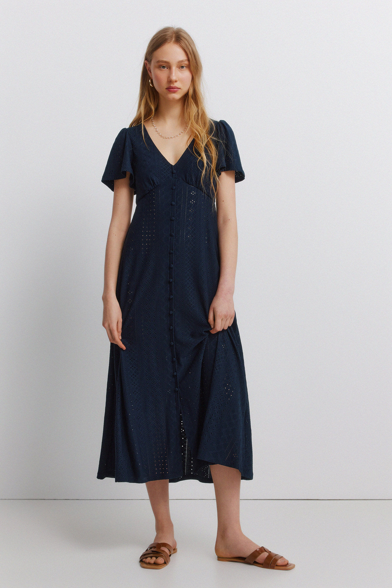 Springfield Vestido midi bordado suizo azul