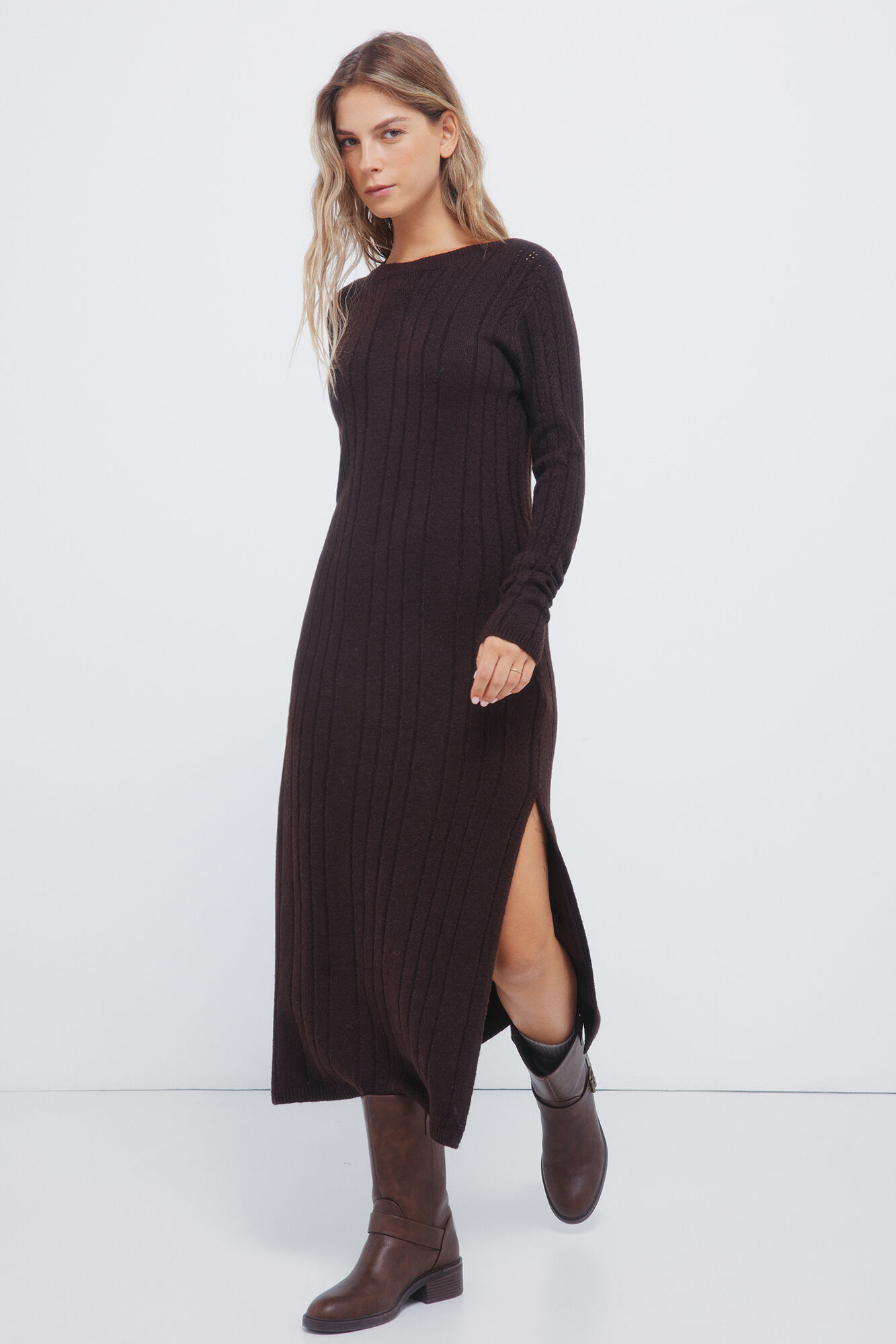 Springfield Vestido midi de tejido pointelle caf&eacute;