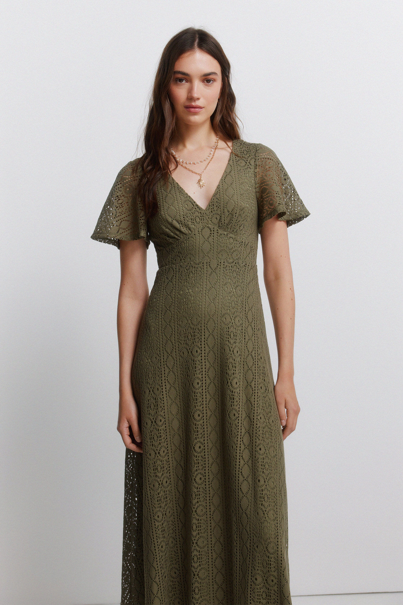 Springfield Vestido midi bordado kaki