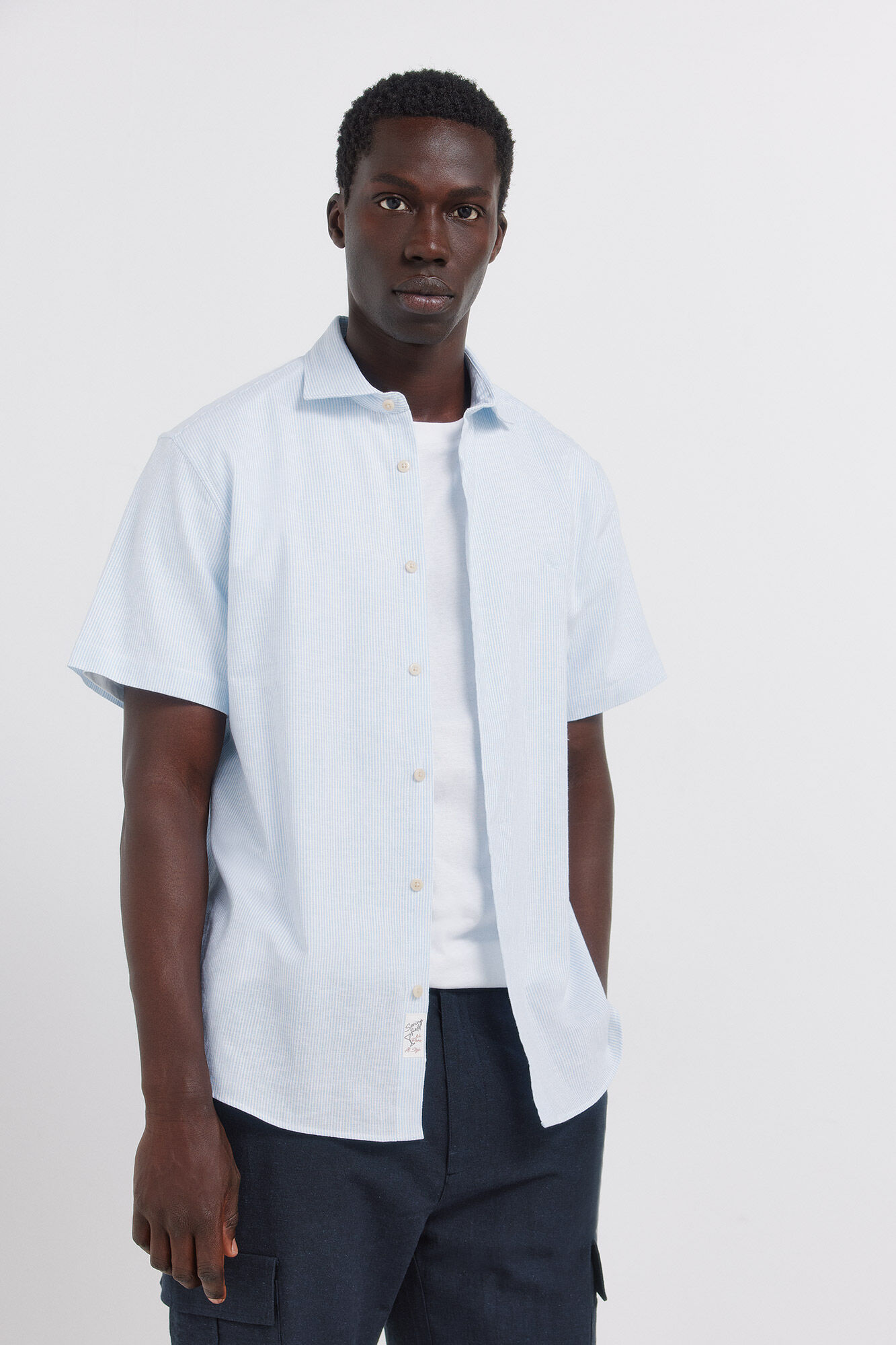 Springfield Camisa de manga corta de lino con micro rayas