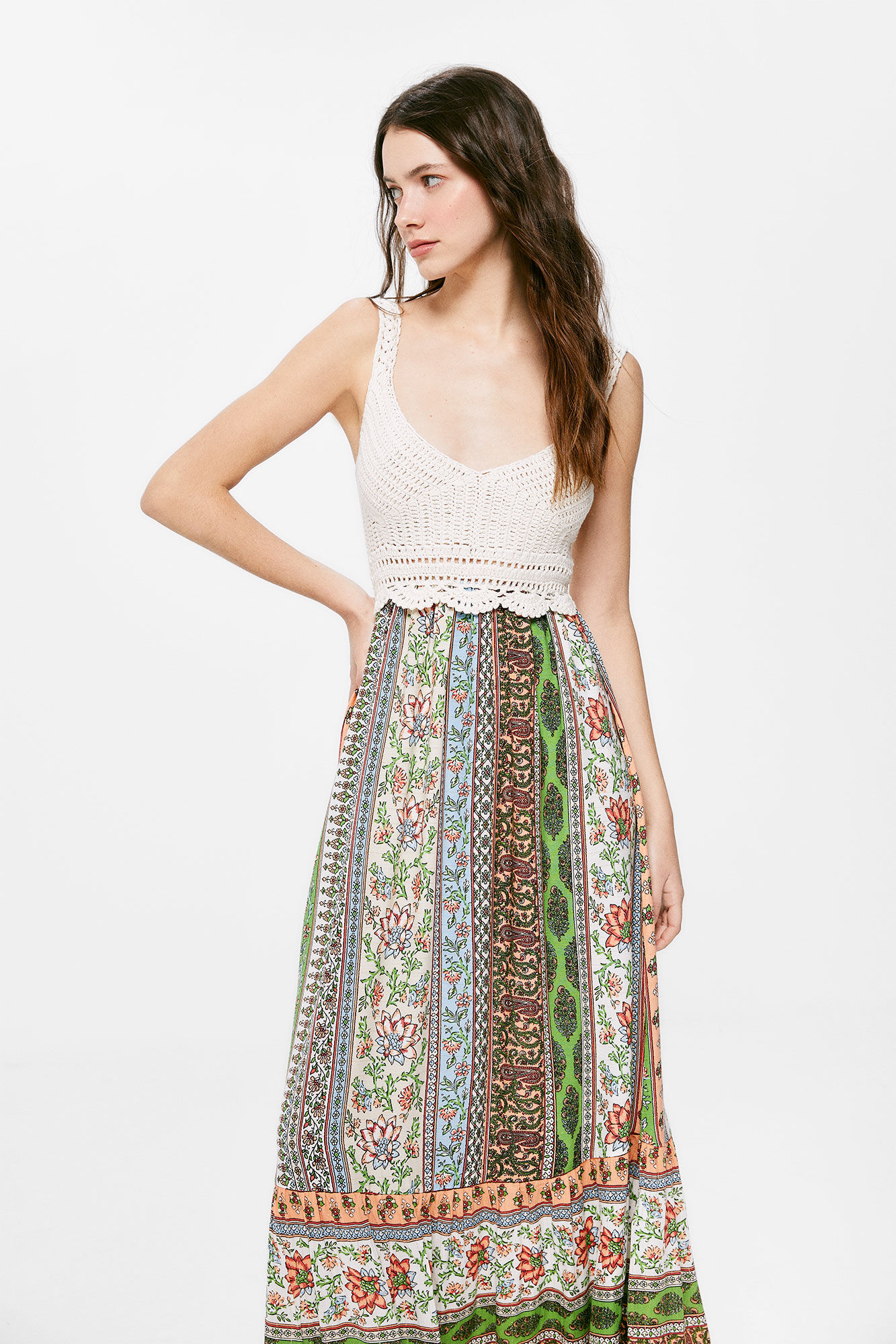 Springfield Vestido Midi Crochet Combinado beige