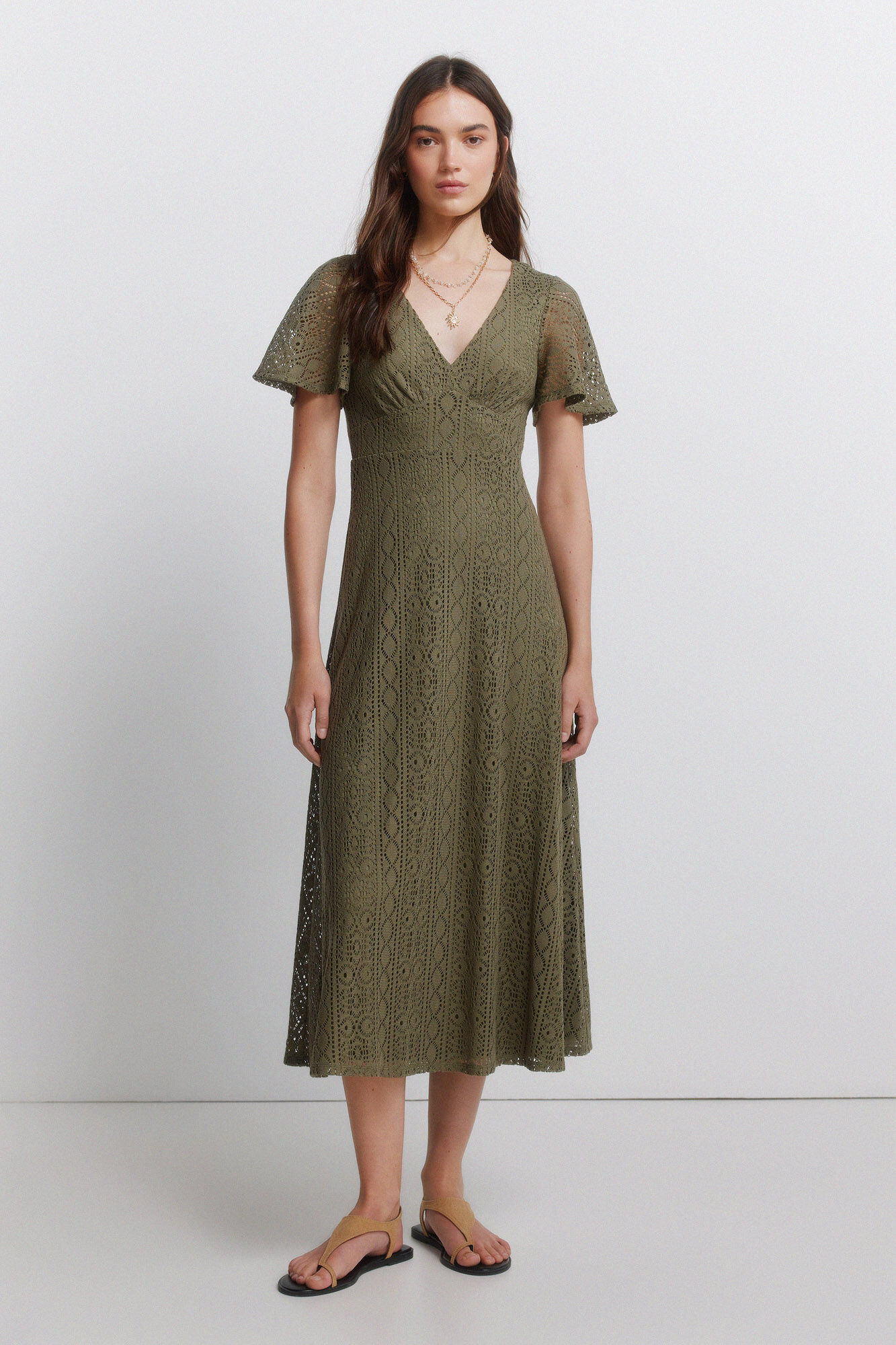 Springfield Vestido midi bordado kaki