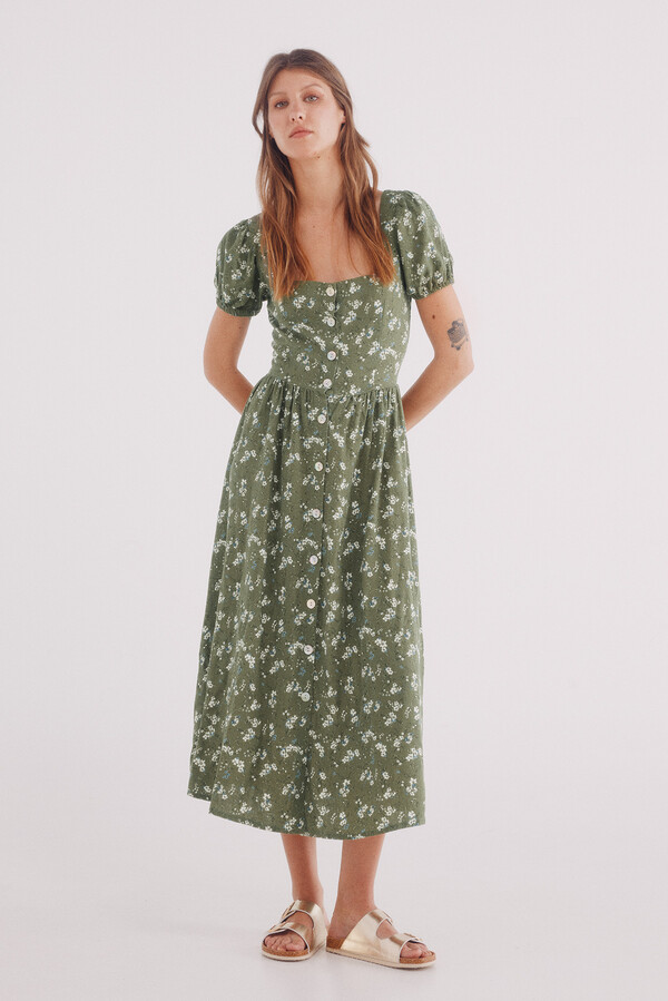 Springfield Vestido midi espalda cruzada lino verde