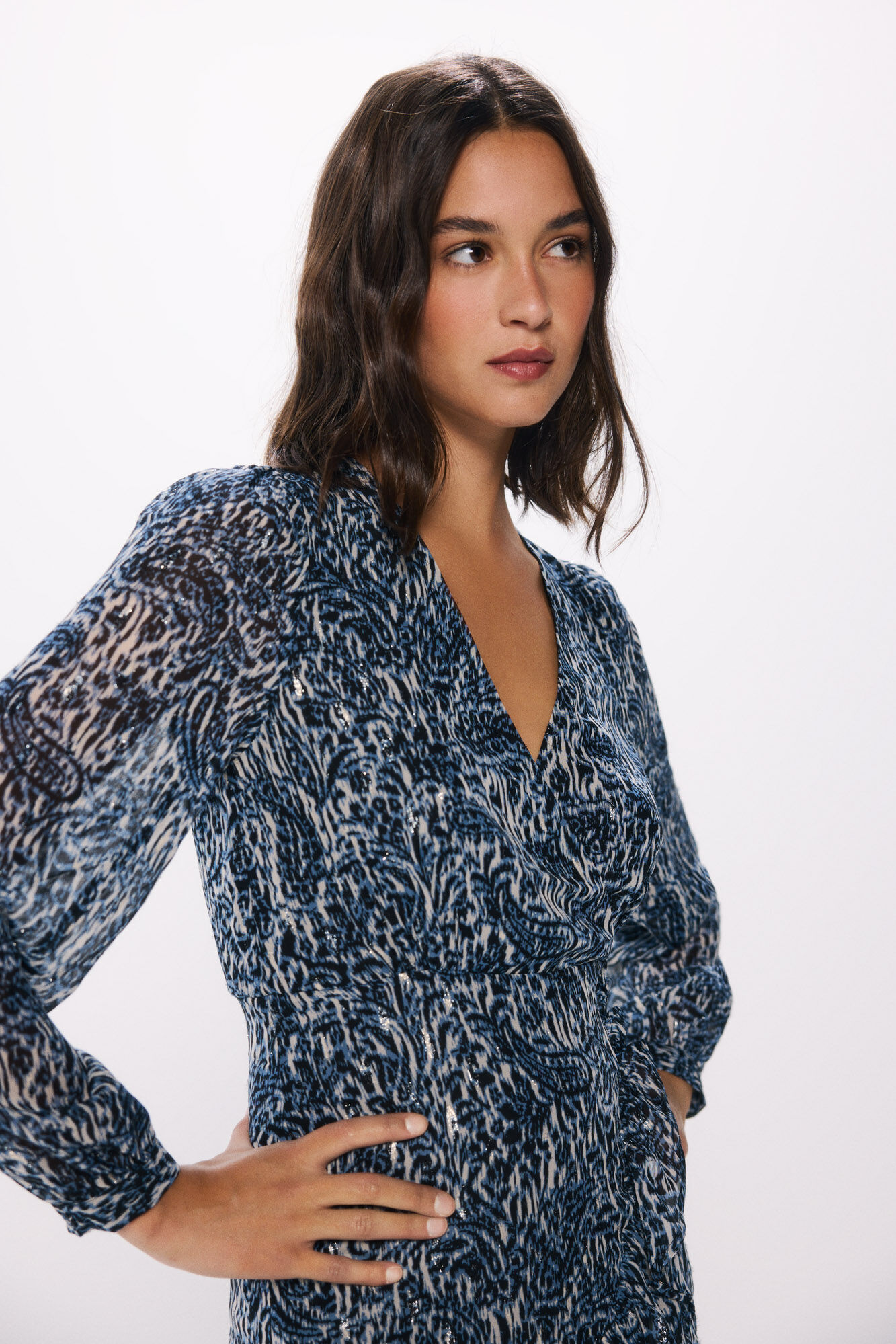 Springfield Vestido corto gasa estampado lurex azul