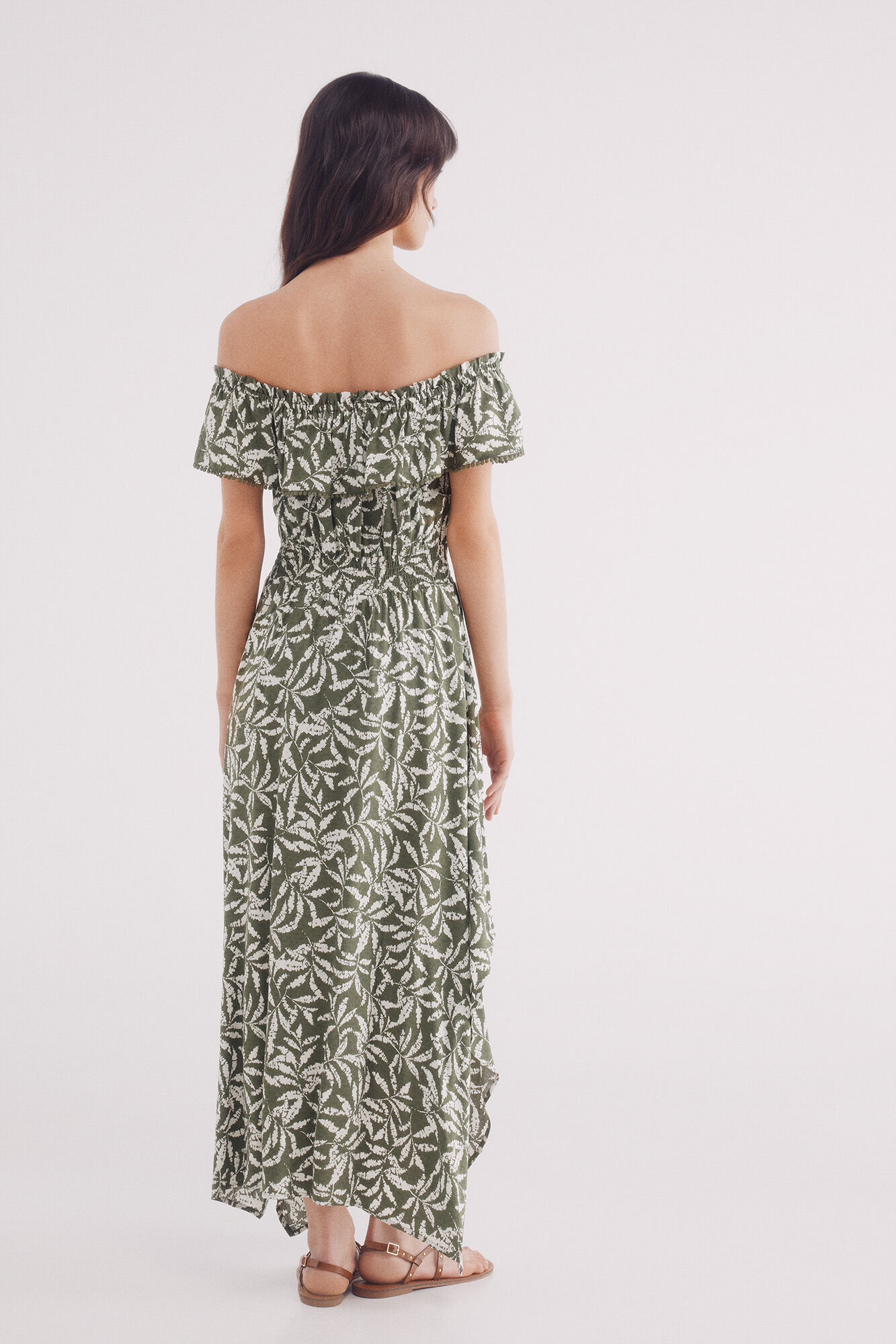 Springfield Vestido midi escote volante estampado verde