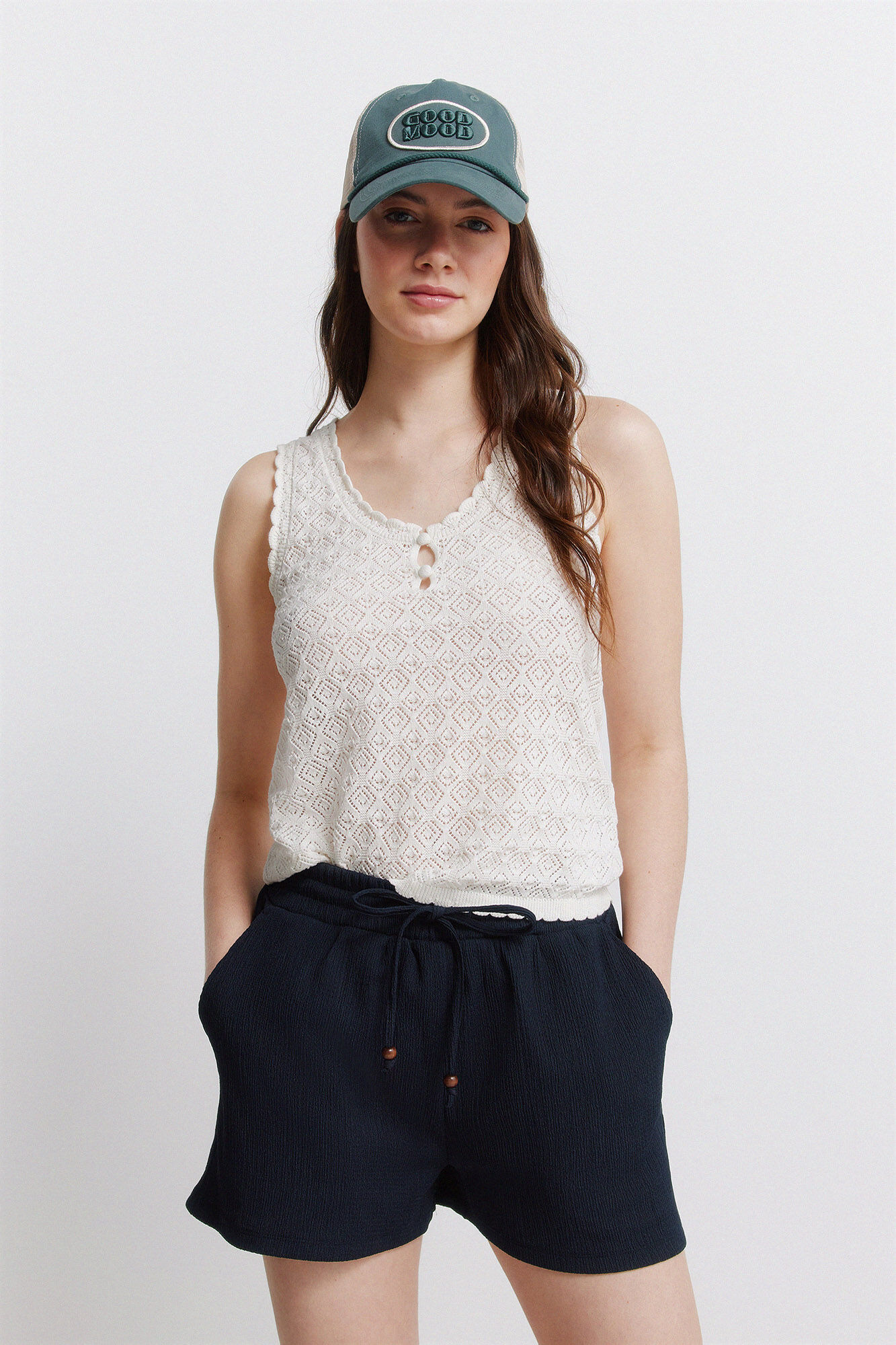 Springfield Playera de tejido pointelle con botones blanco