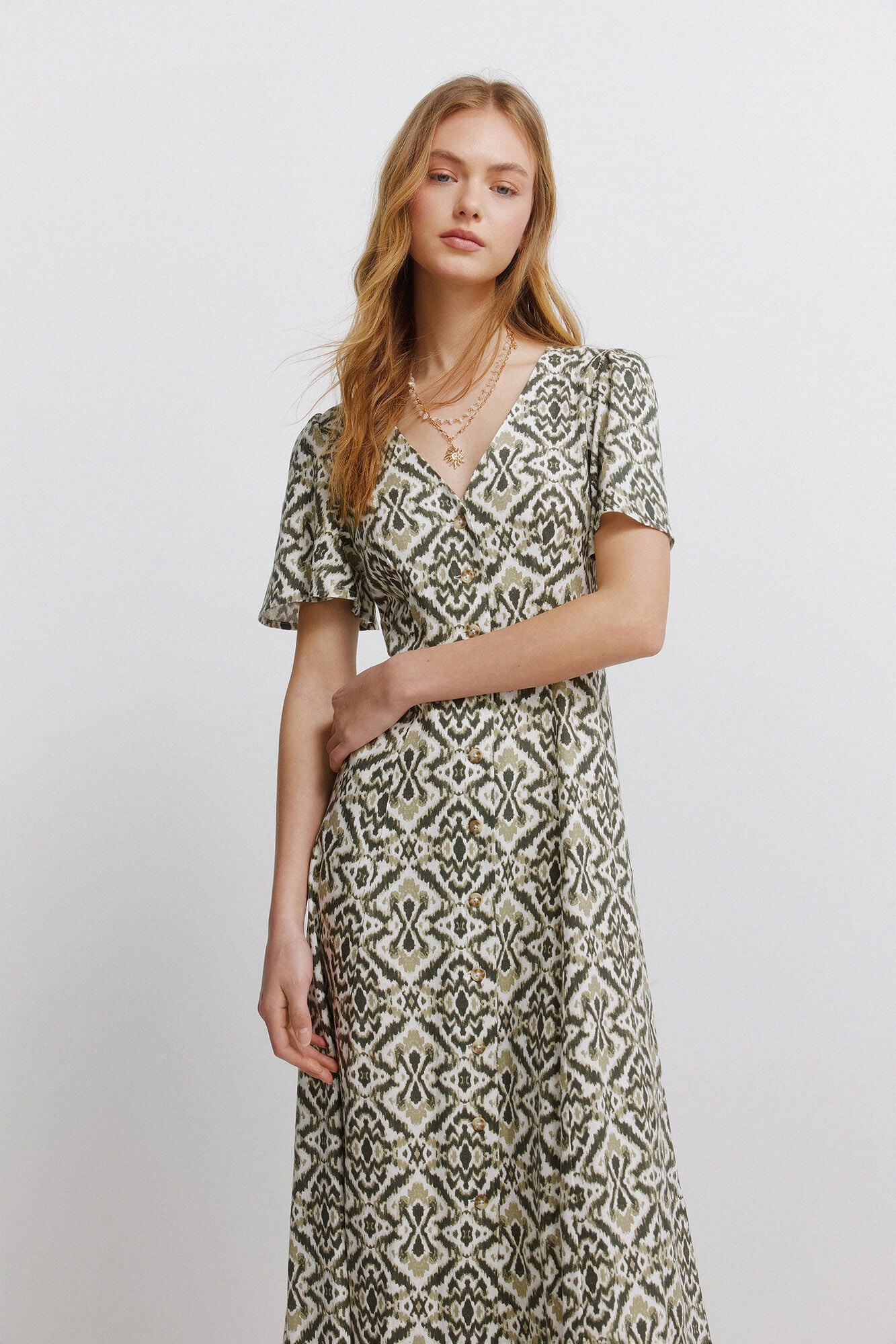 Springfield Vestido camisero estampado de lino kaki