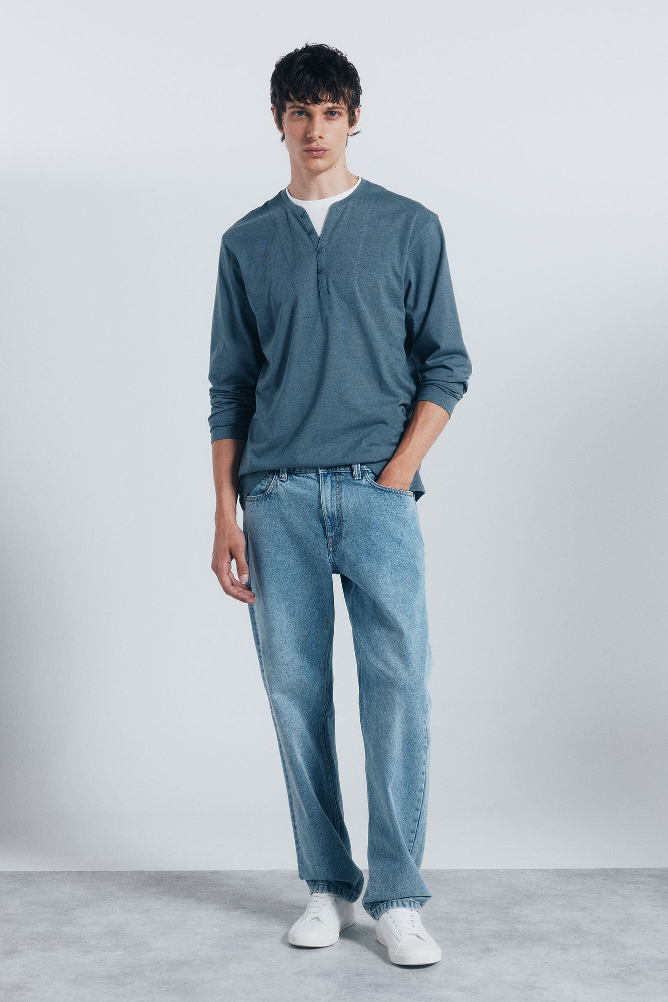 Springfield playera Cuello redondo con botones de manga larga azul