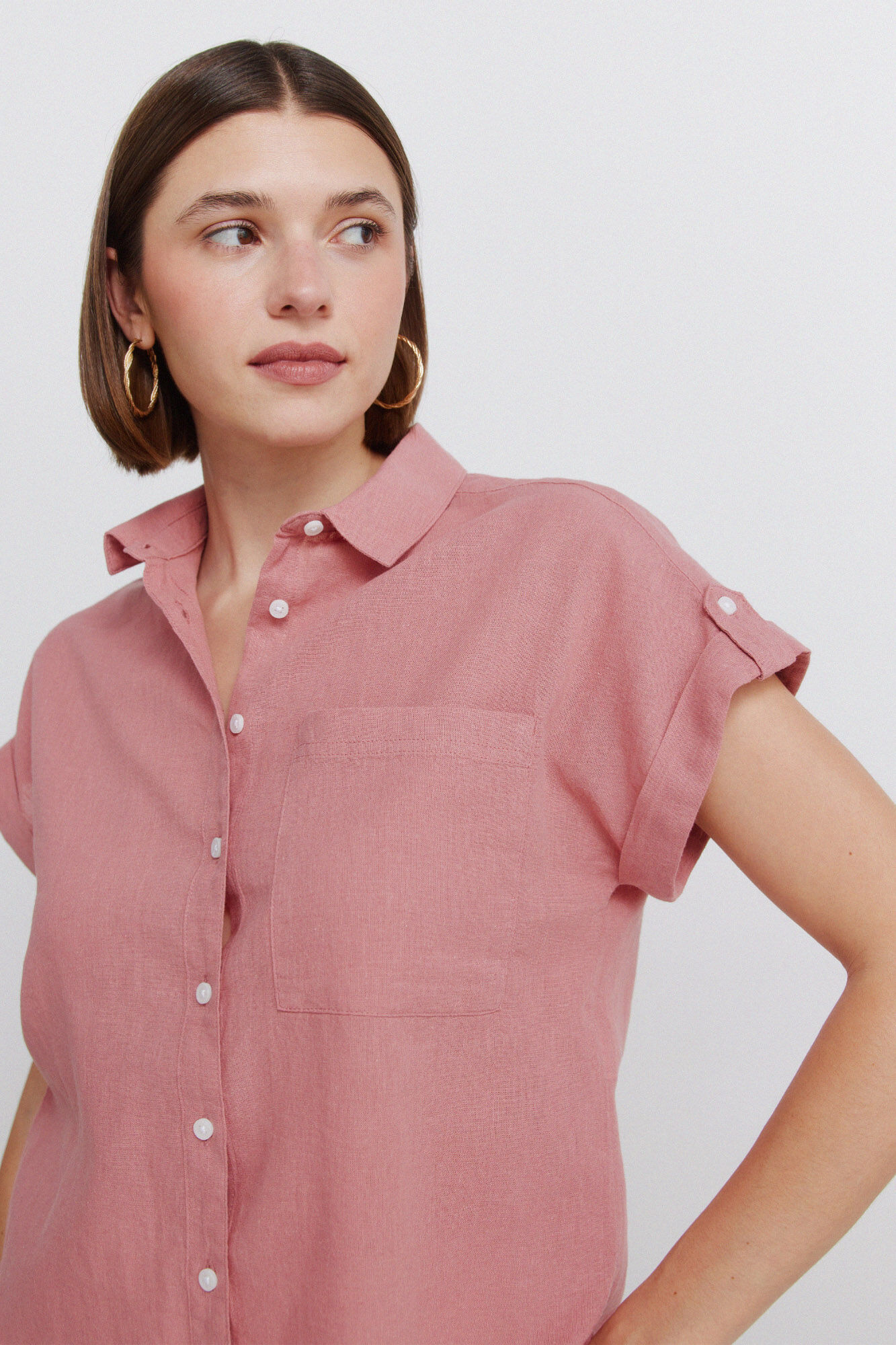 Springfield Camisa de manga corta de lino rosa