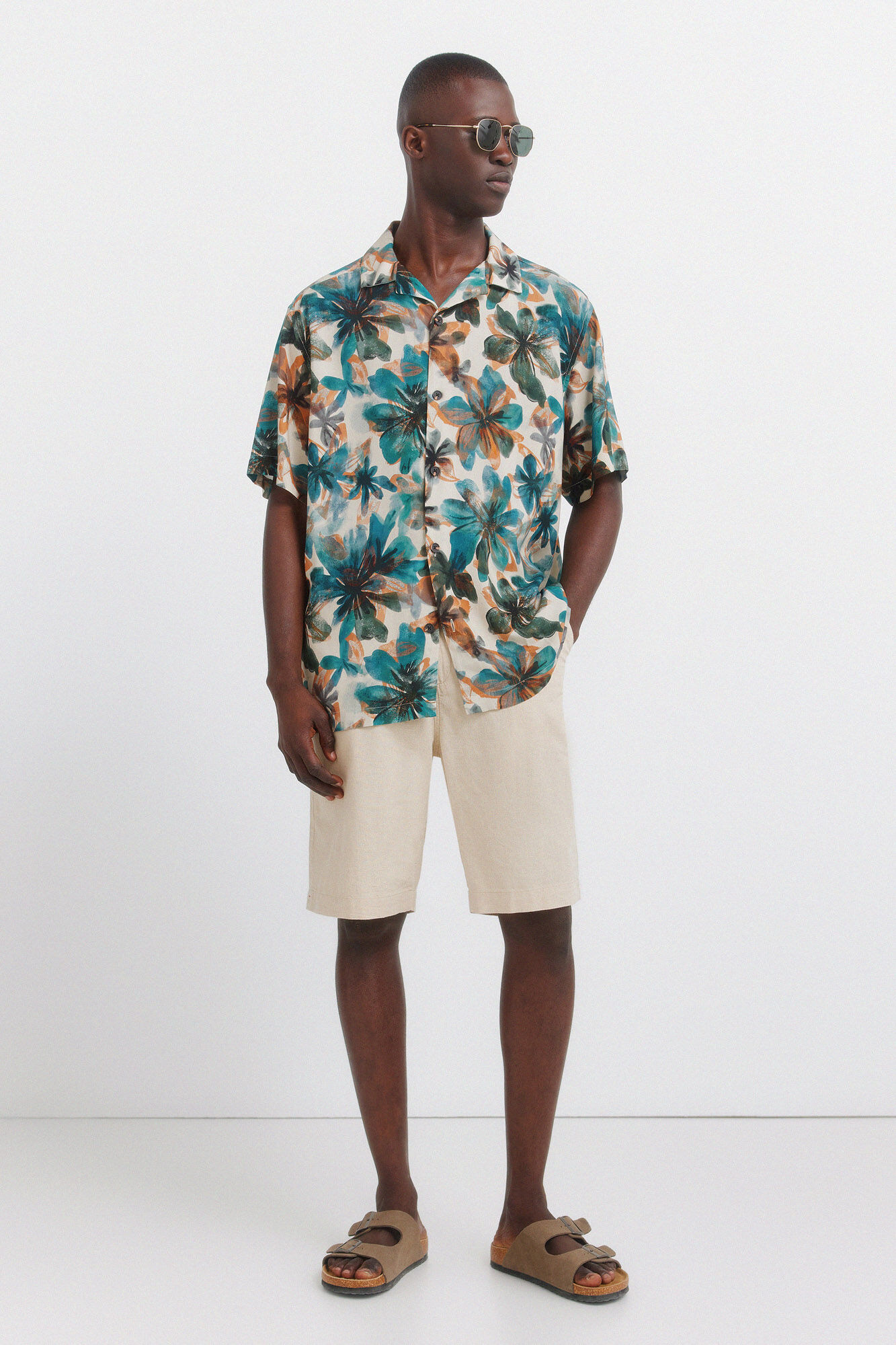 Springfield Camisa de manga corta de viscosa con estampado floral beige