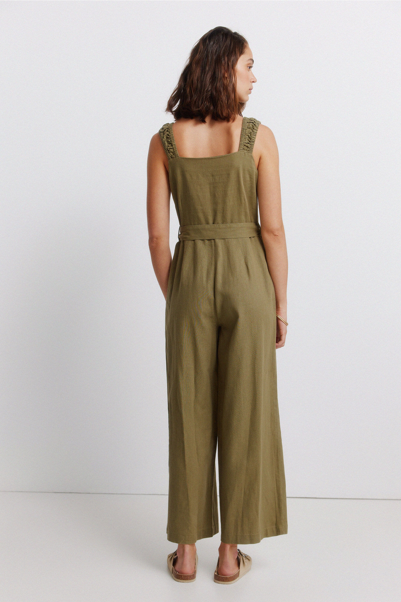 Springfield Jumpsuit de lino con tirantes el&aacute;sticos kaki