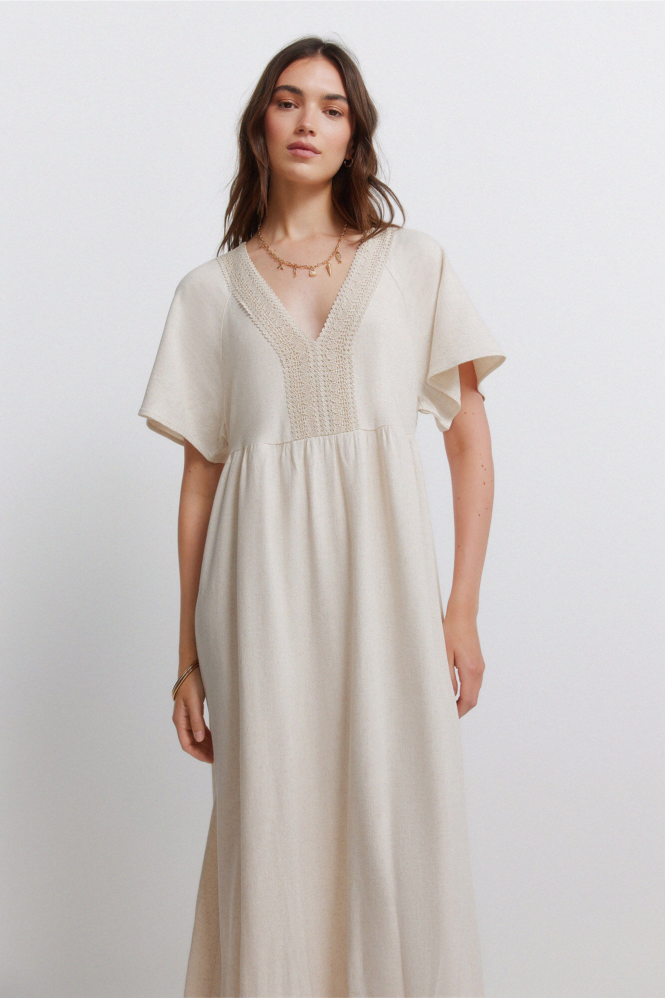 Springfield Vestido midi de lino crochet caf&eacute;